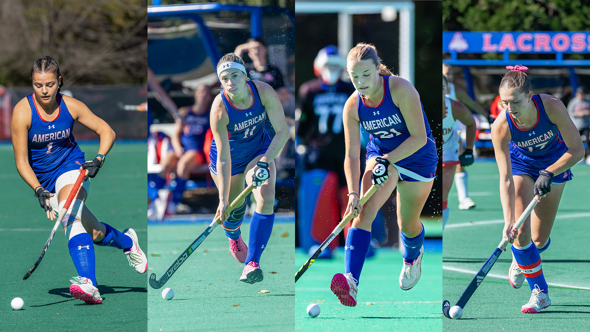 Side-by-side photos of Jordan Reicher, Agustina Roffo, Lotti Süme, and Emilia Winkler each carrying the ball down the field.