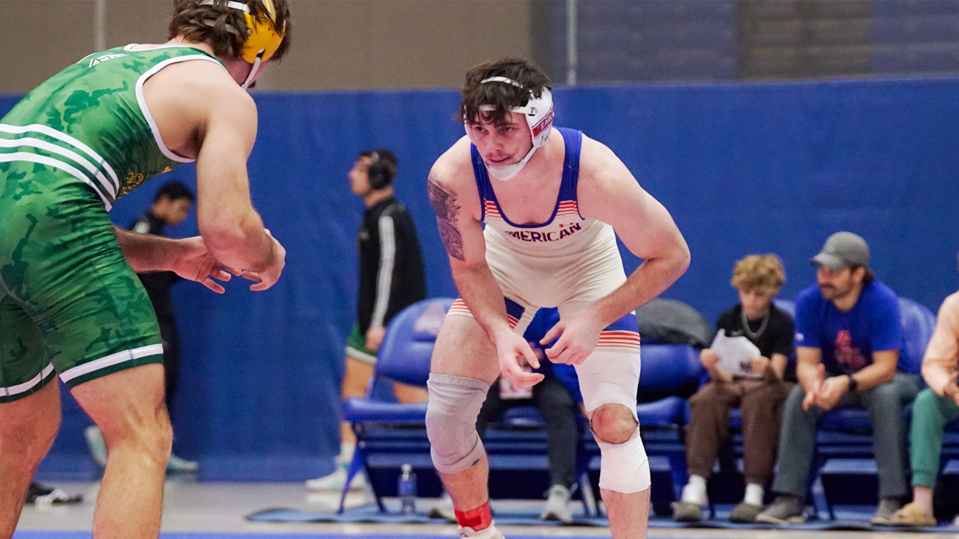 Hunter Hohman wrestling in a dual meet against George Mason.