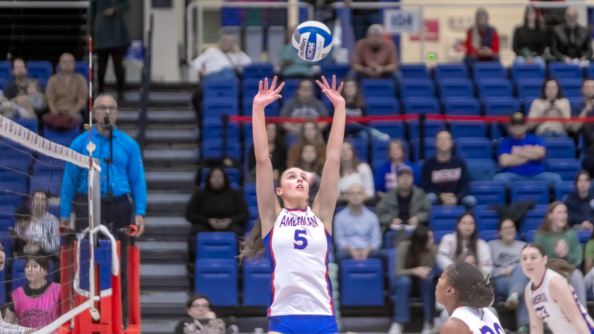 Deniz Dakak setting a ball in a volleyball match.