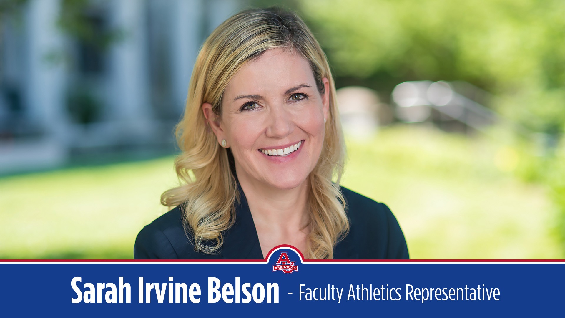 Sarah Irvine Belson - Faculty Athletics Representative with headshot of Sarah
