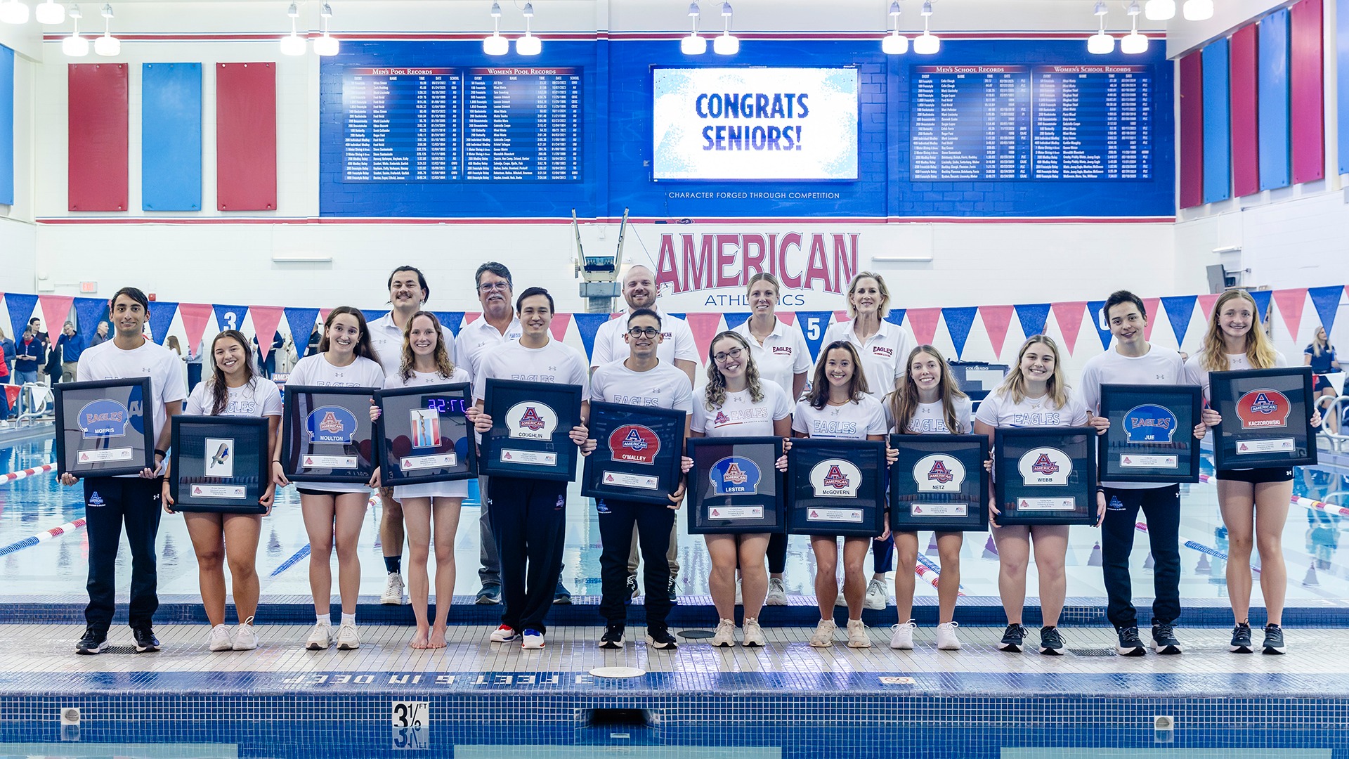 Senior group photo at swim and dive's senior meet on January 16, 2026
