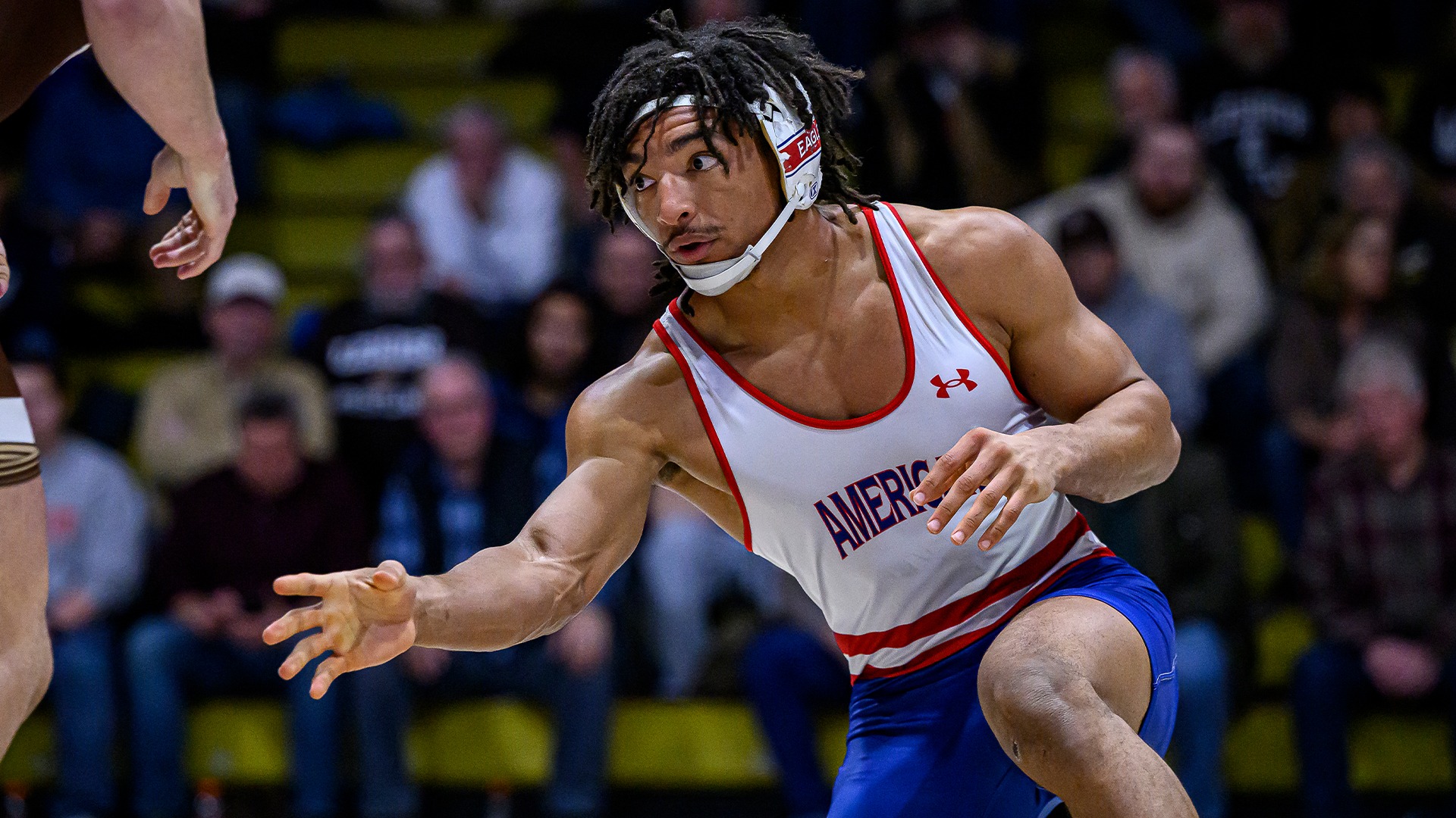 Caleb Campos wrestling against Lehigh. 