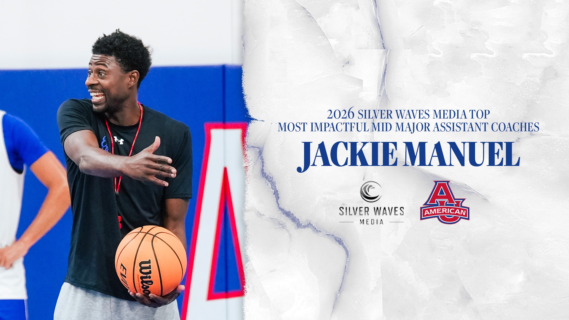 Jackie Manuel action shot on a graphic for being named to the 2026 Silver Waves Media Top Most Impactful Mid Major Assistant Coaches List
