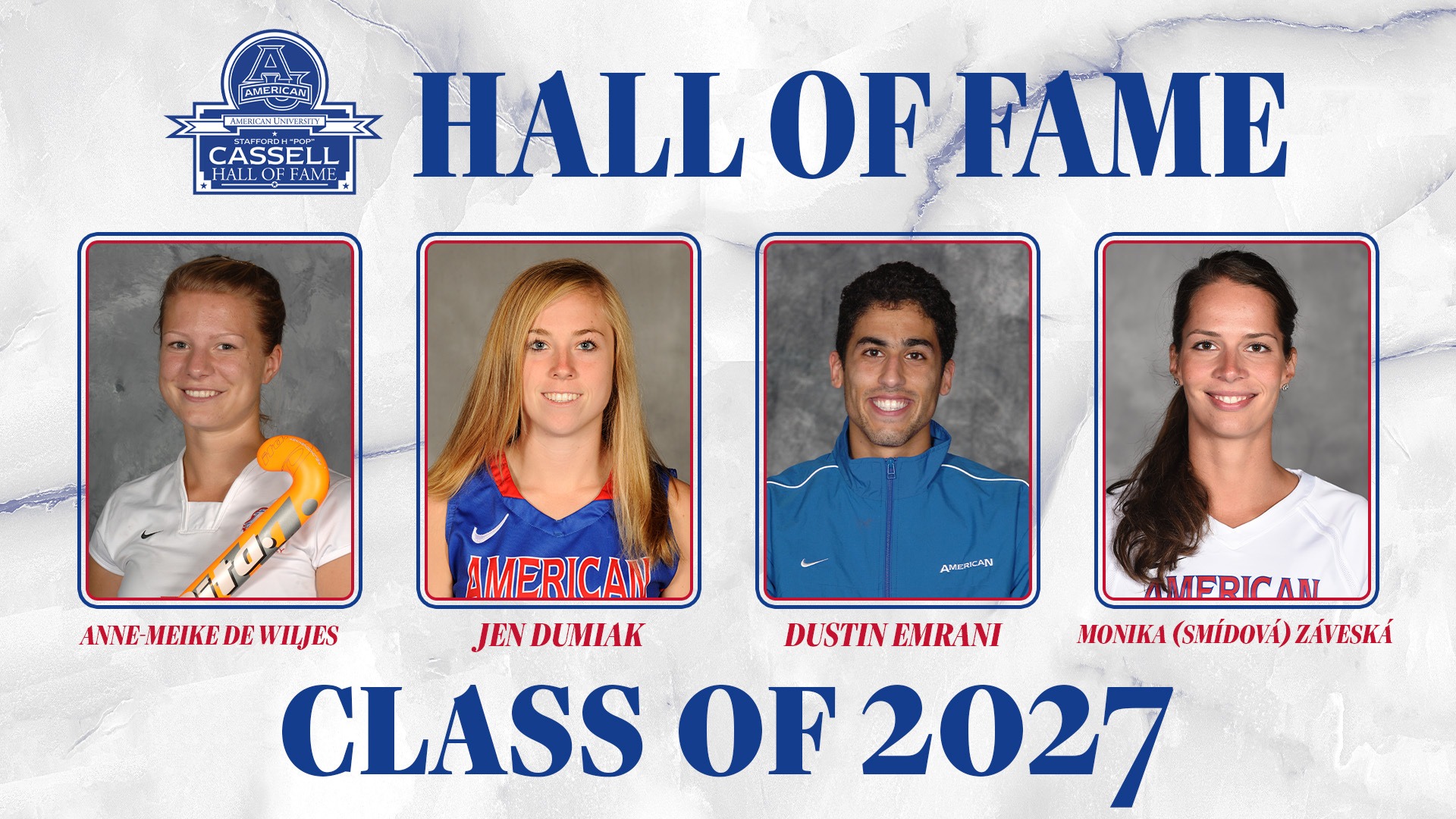 Hall of Fame Class of 2027 headshots of Anne-Meike de Wiljes, Jen Dumiak, Dustin Emrani, and Monika Smidova