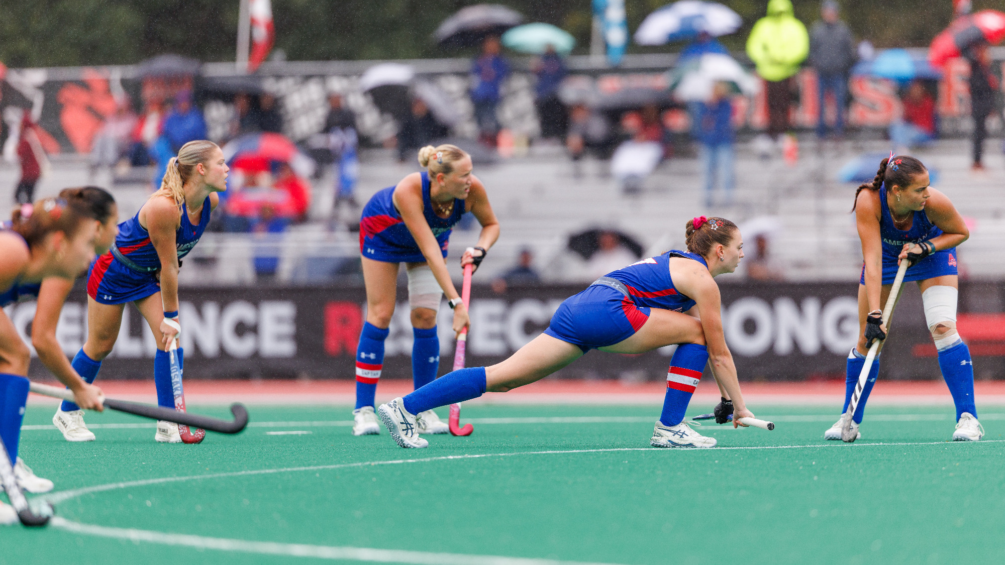 Field hockey's attacking penalty corner setting up against Rutgers.
