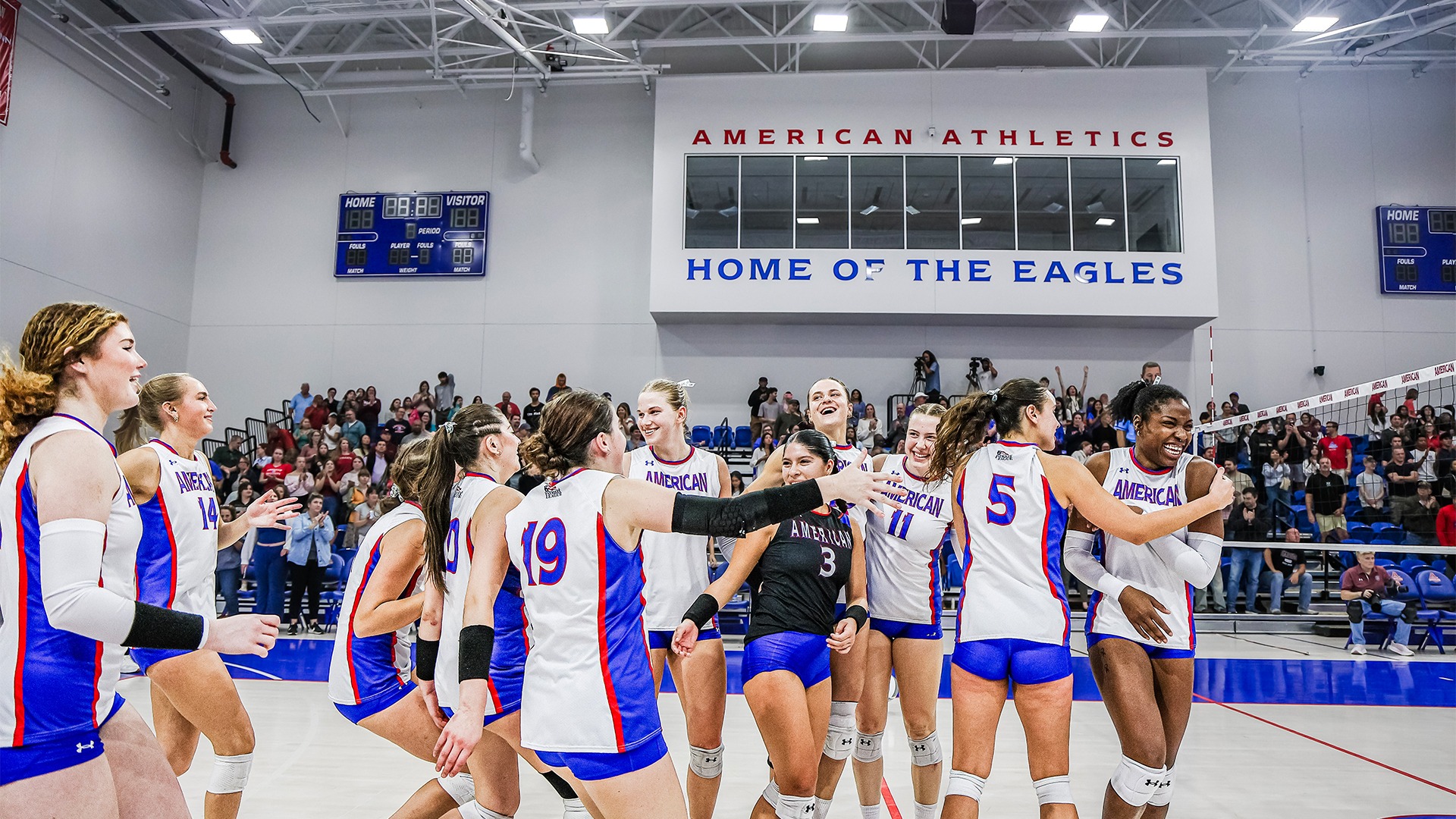 The volleyball team celebrating a point