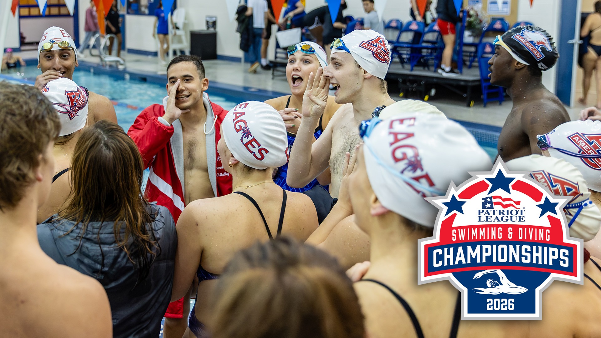 Swim and dive athletes cheering before a meet