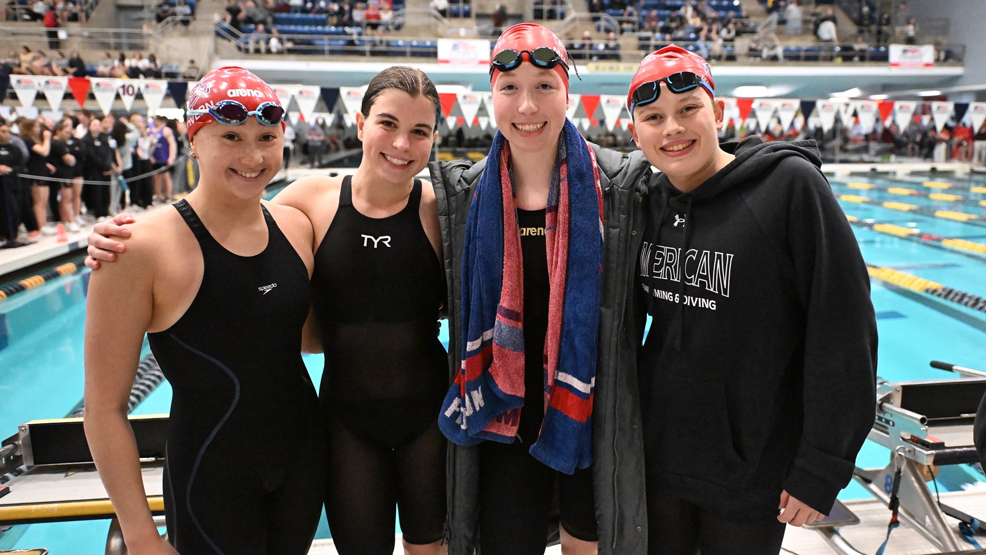 Isabel McGovern, Fiona McMahon, Lucy Penna, and Kate Williams of the women's swim 800 free relay school record