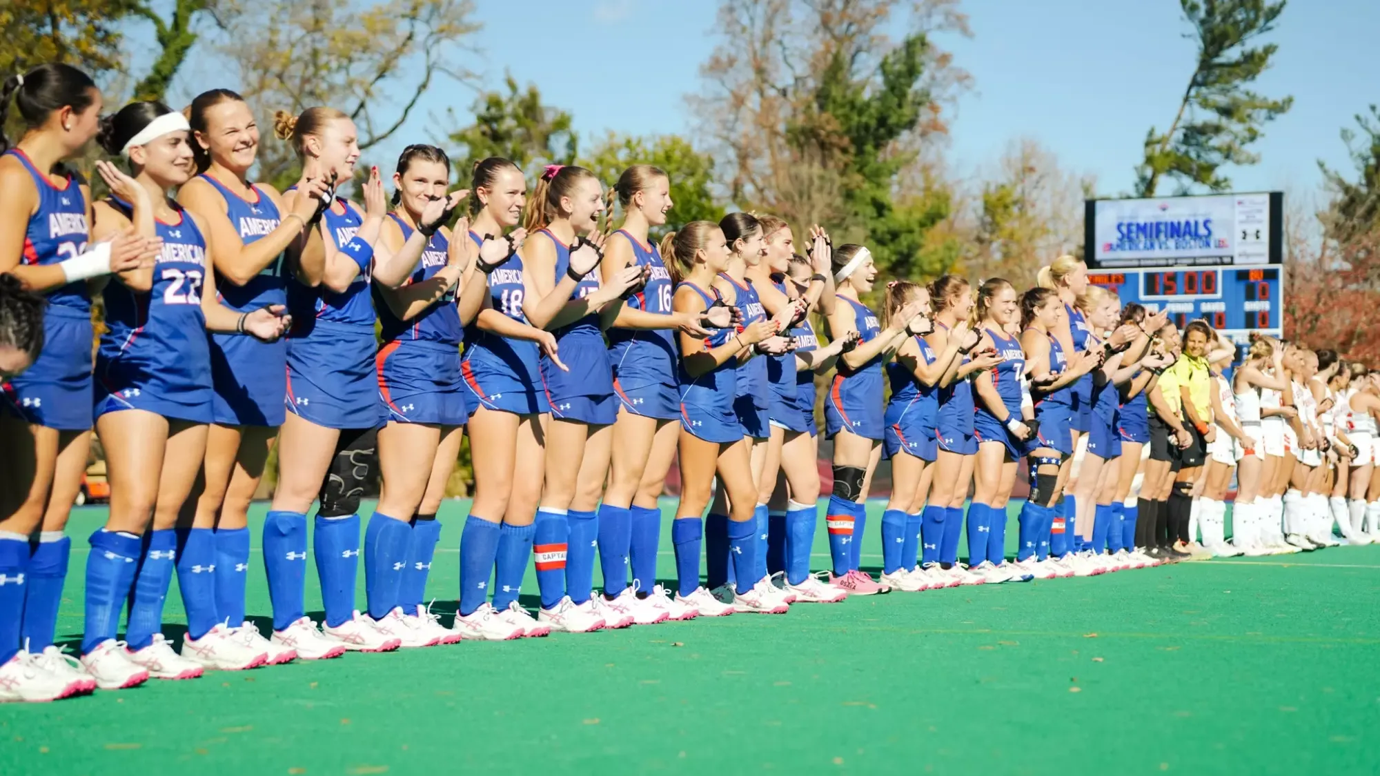 The field hockey team during starting lineups.