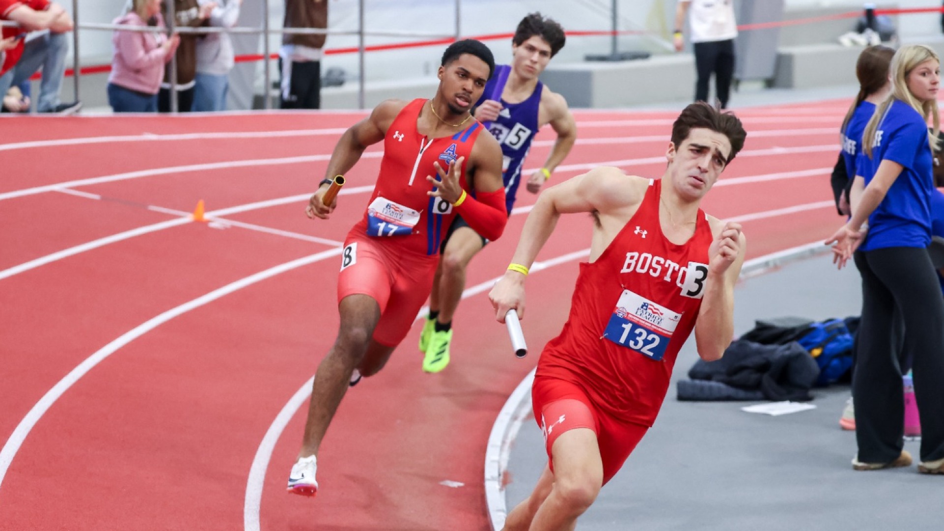 Gregory Celariste races the 400 leg of the DMR at the 2026 PL Indoor Championships