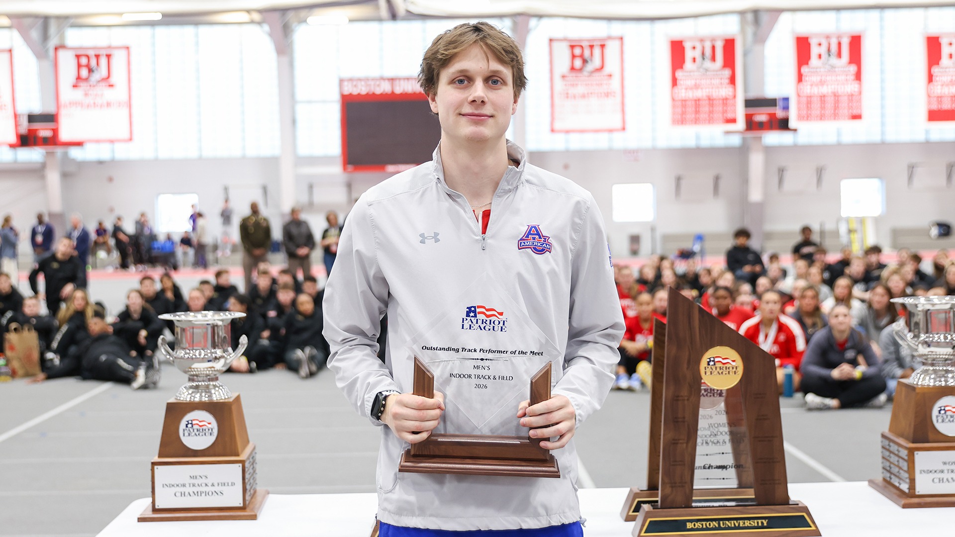 Carver Morgan of men's track with his Athlete of the Meet Award at the 2026 PL Indoor Championships