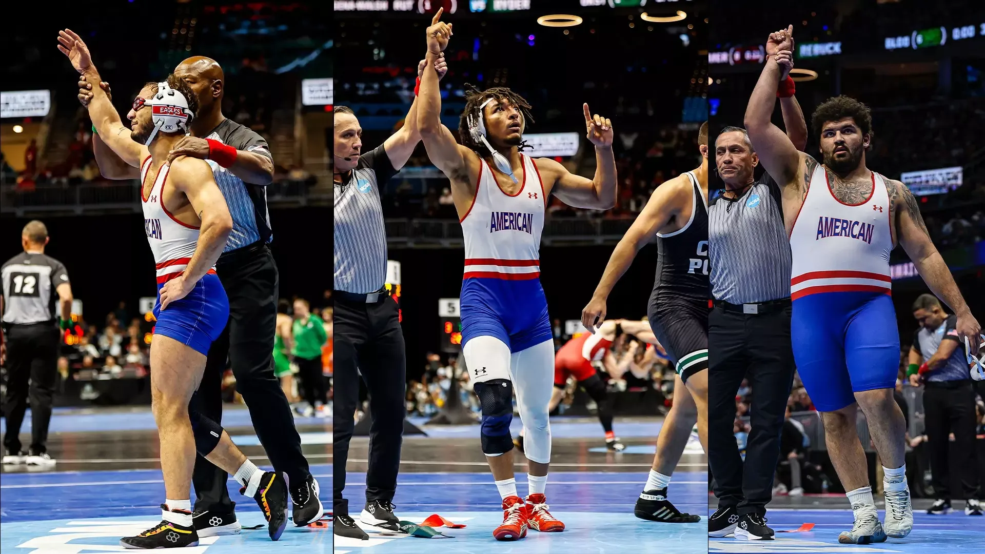 Maximilian Leete, Caleb Campos, and Emmanuel Ulrich getting their arms raised after winning matches at the 2026 NCAA Championships