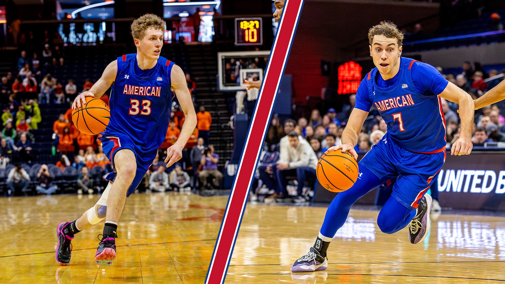 Action shots of Matt Mayock and Wyatt Nausadis of men's basketball