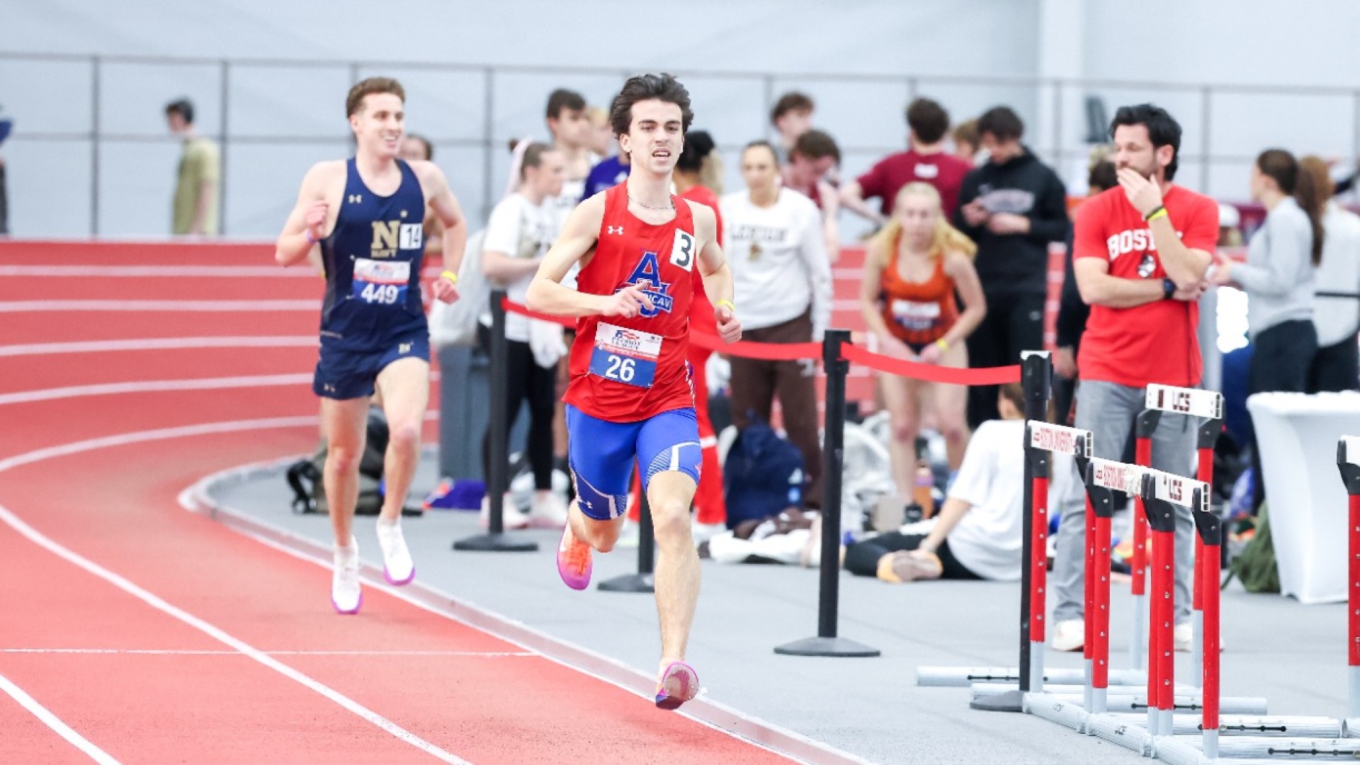 Cooper Michaud races the 3k at the 2026 Patriot League Indoor Championships