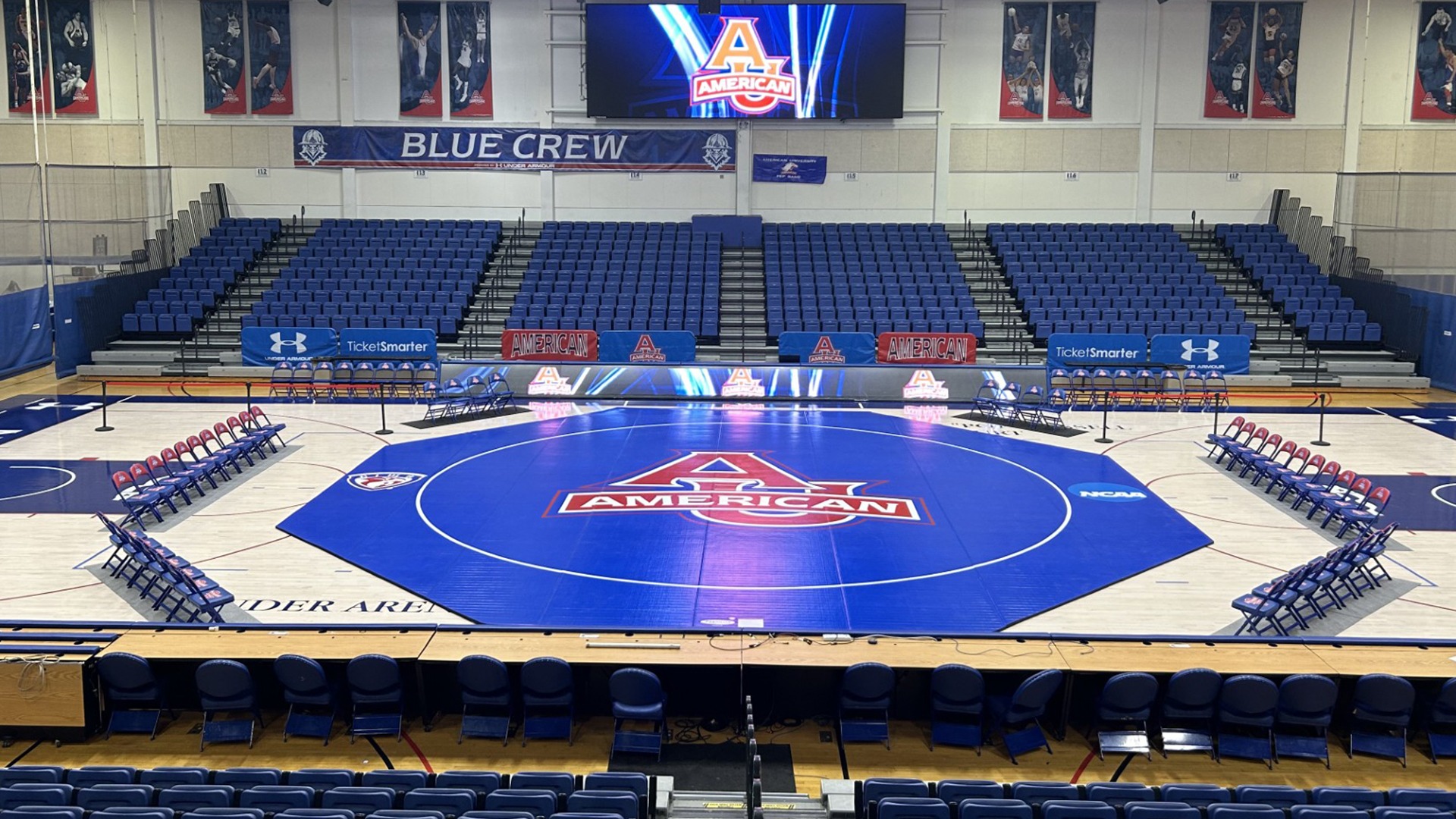 Bender Arena with the AU wrestling mat laid out in the center of it. 