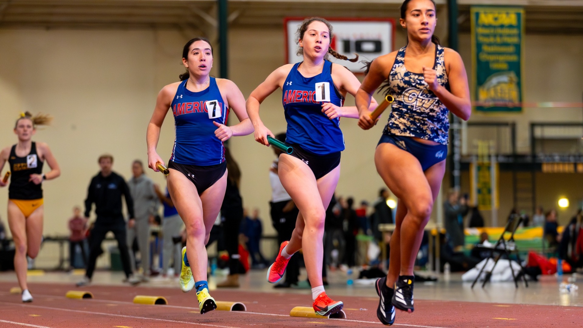 Kara Langbaum and Zoe Rector lead off the DMR at the 2026 George Mason Patriot Games