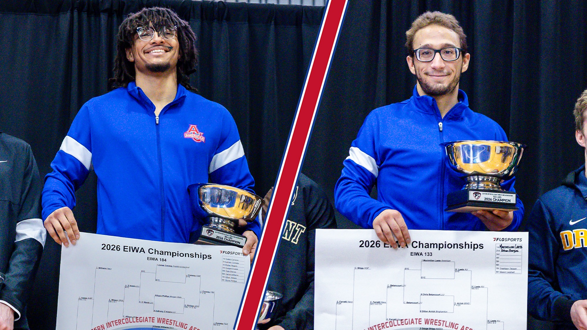 Caleb Campos and Maximilian Leete with their champion EIWA trophies for wrestling in 2026