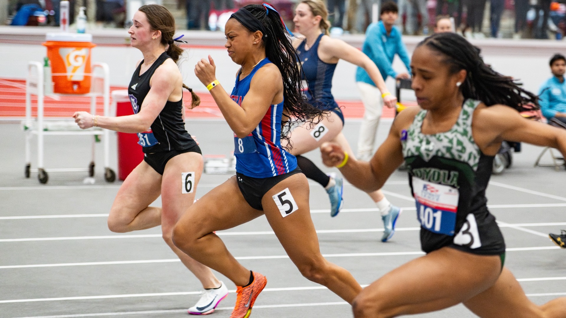 Lilia Jones races the 60 meter prelims at the 2026 Patriot League Indoor Track Championships