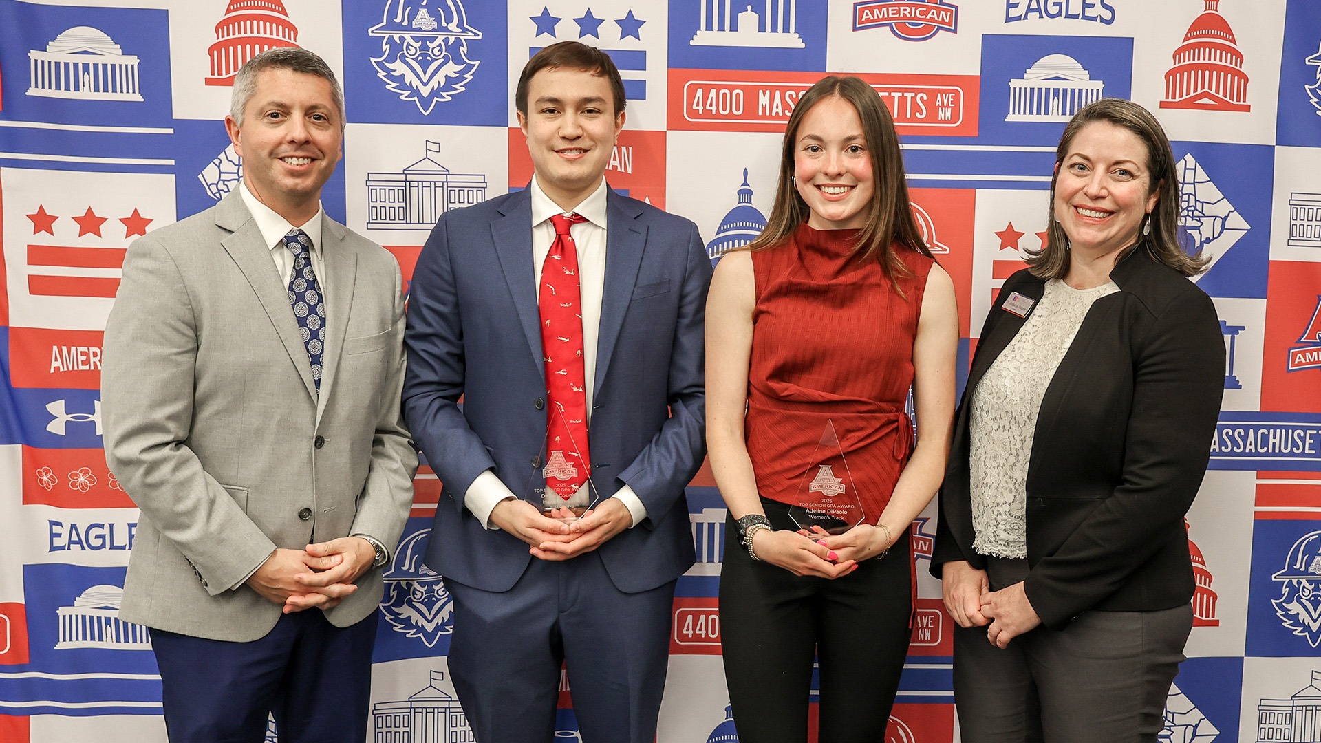 JM Caparro with Top Senior GPA Student-Athletes Daniel Coughlin and Adeline DiPaolo along with Bridget Trogden at the 2026 Student-Athlete Academic Awards Reception