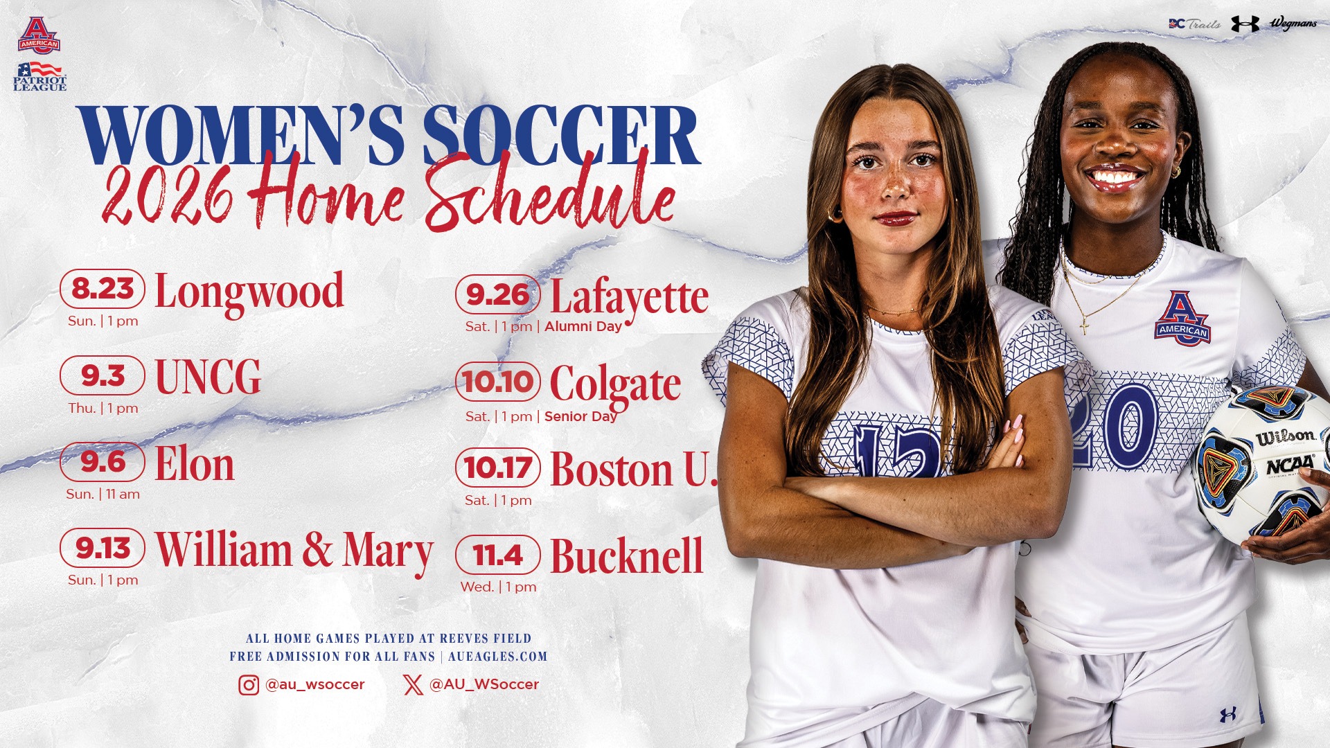 2026 women's soccer home schedule with posed photos of Bella Vozar and Lauren Sanders