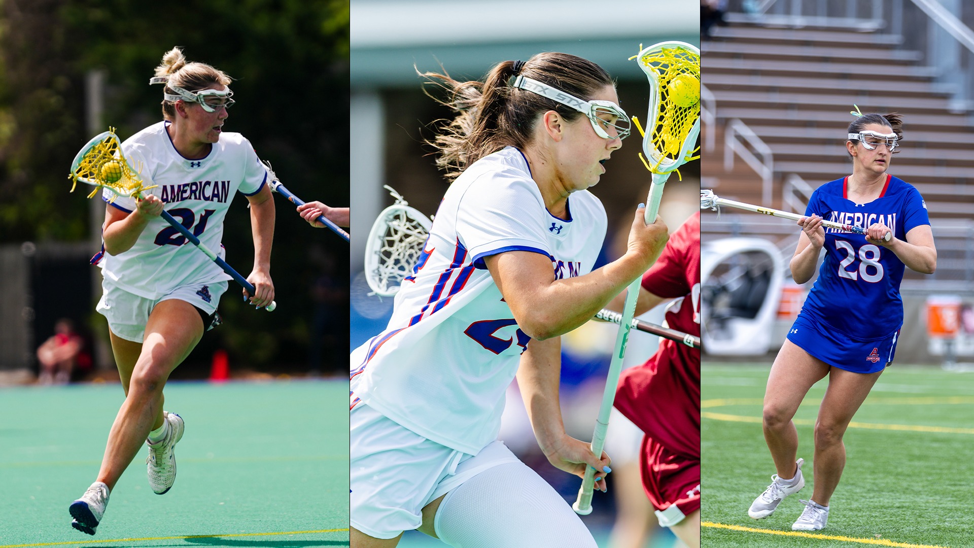 Kellie Linehan, Reagan Murdoch, and Samantha Buonaccorsi playing lacrosse.