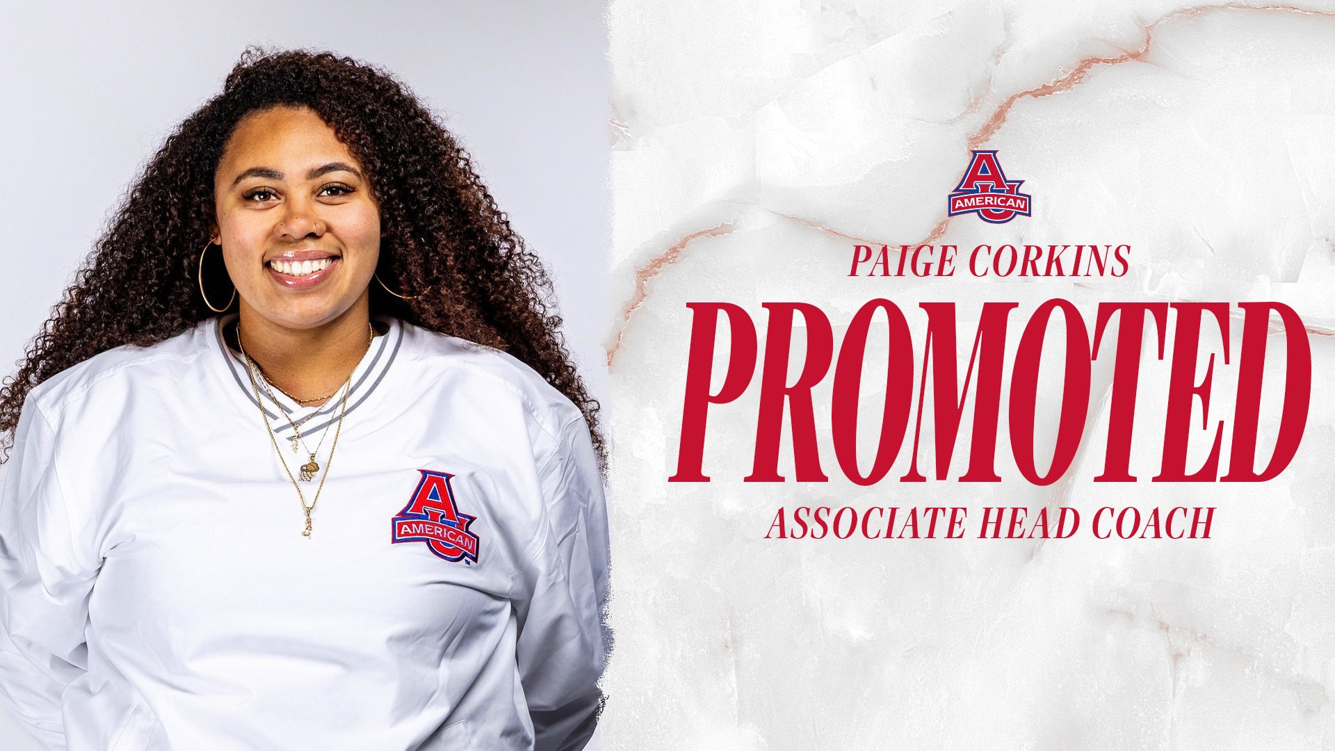 Paige Corkins associate head coach announcement graphic. 