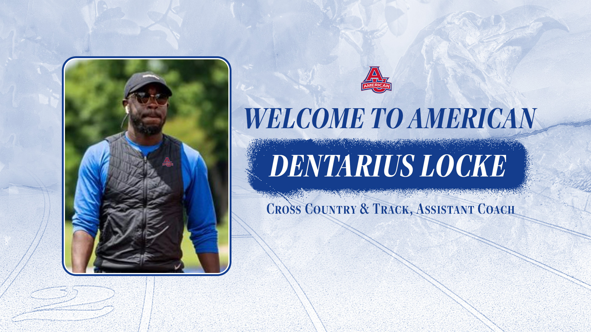 A graphic announcing the addition of Dentarius Locke as an assitant coach with the cross country and track program.