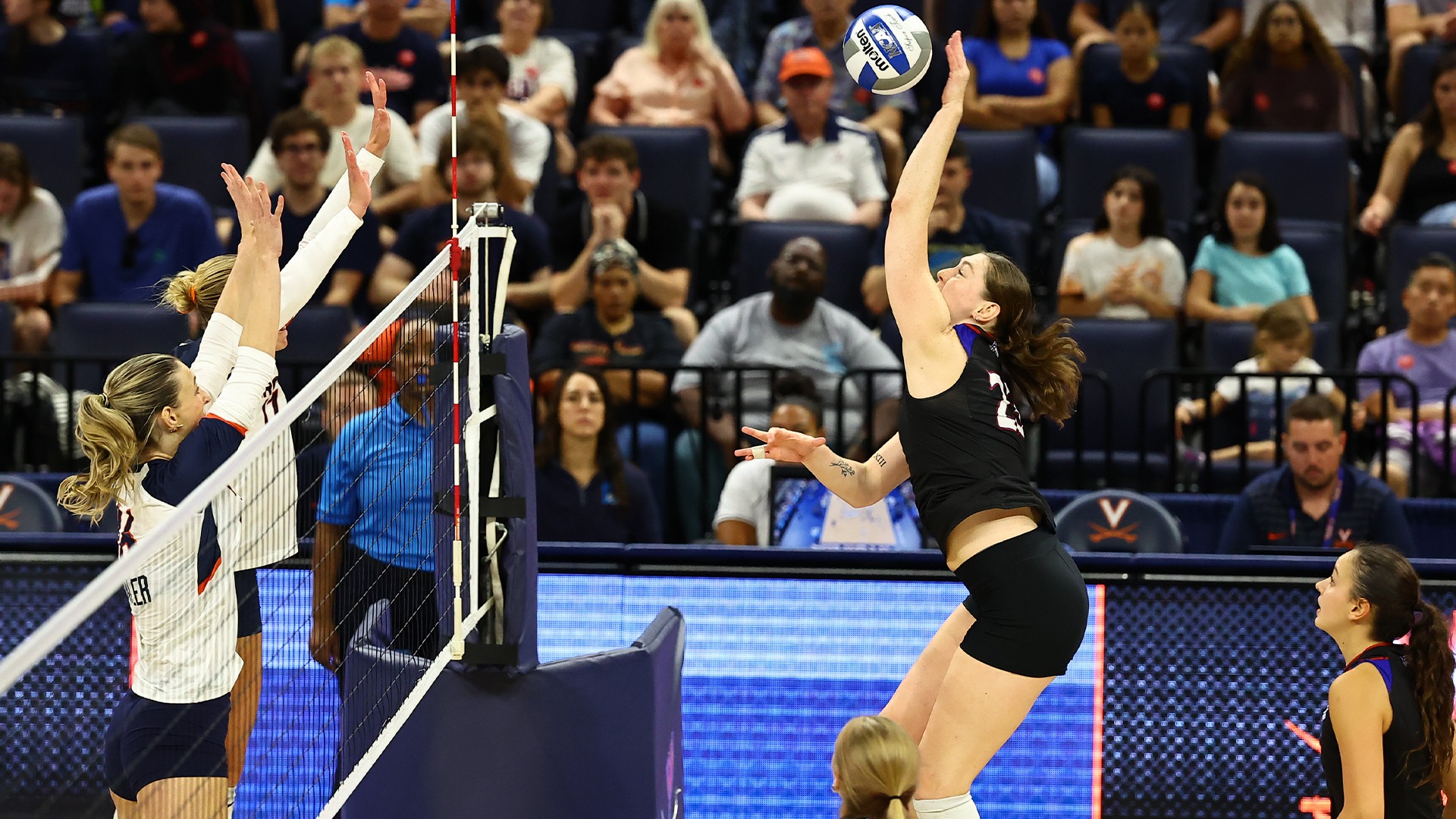Carly Sciborski at the net for an attack attempt. 