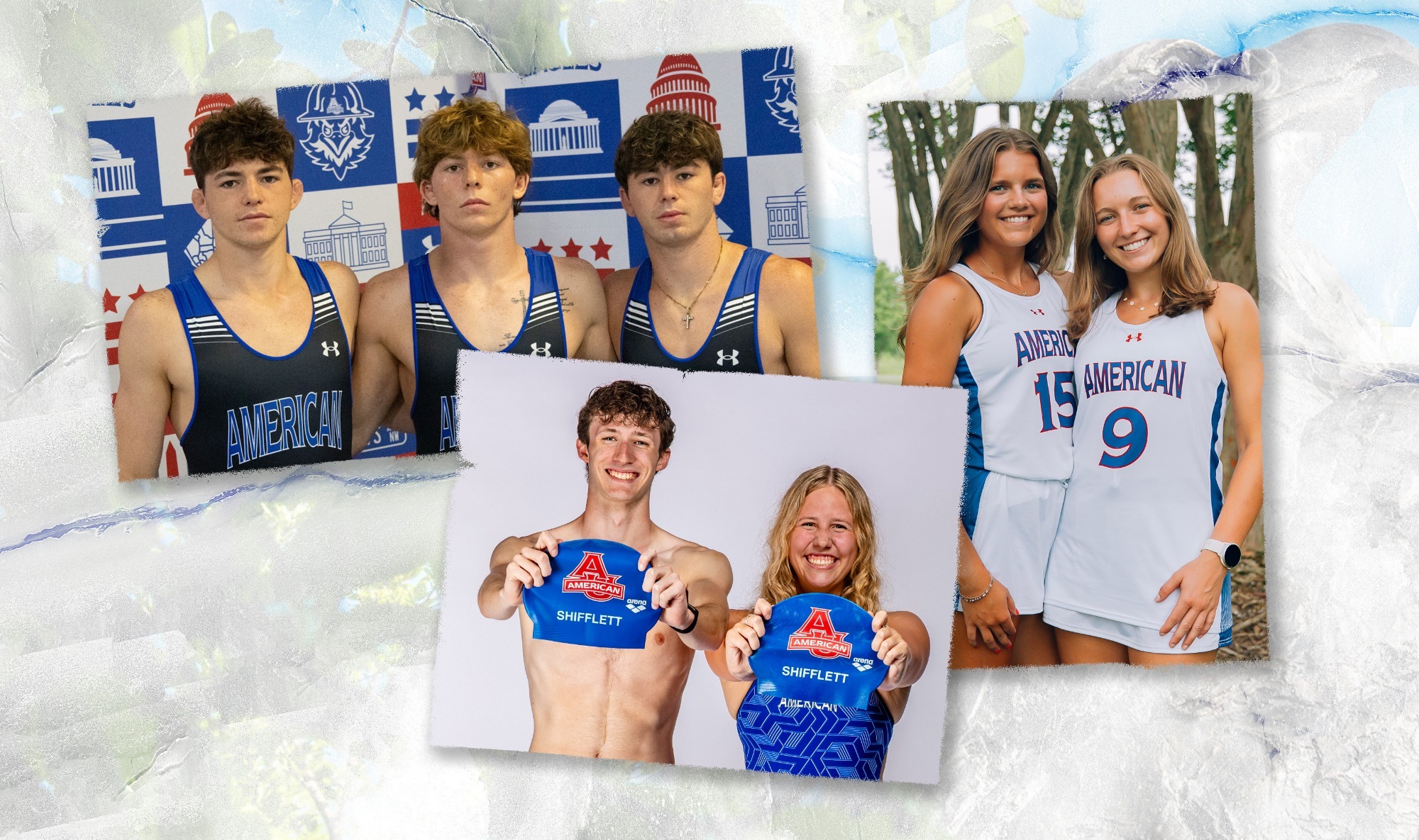 photos of three sets of siblings in AU Athletics, the Huddlestons on field hockey, the Shiffletts on swimming, and the Milheims on wrestling