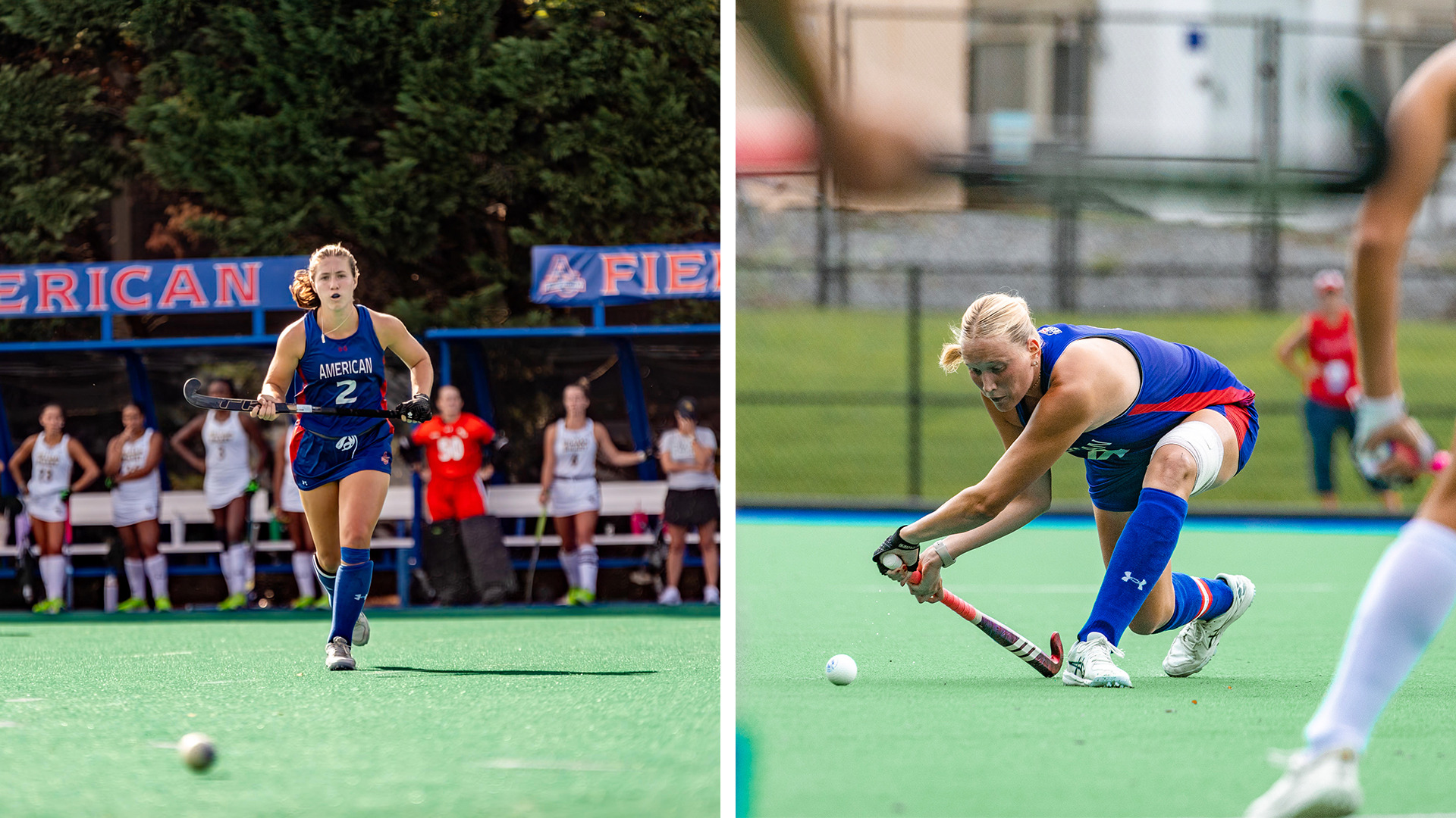 Two side-by-side photos of Jill DuVarney and Sophie Willemse playing field hockey against Richmond.