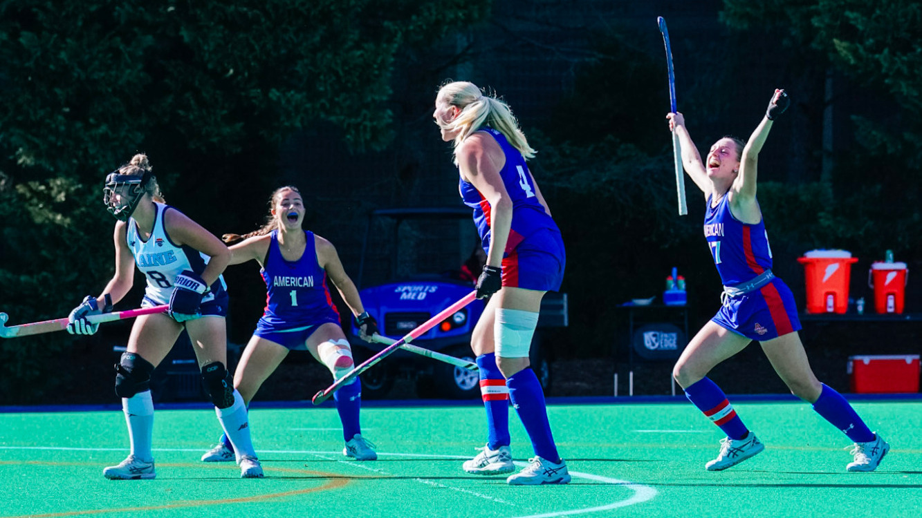 Sophie Willemse, Jordan Reicher, and Emilia Winkler celebrate a goal.