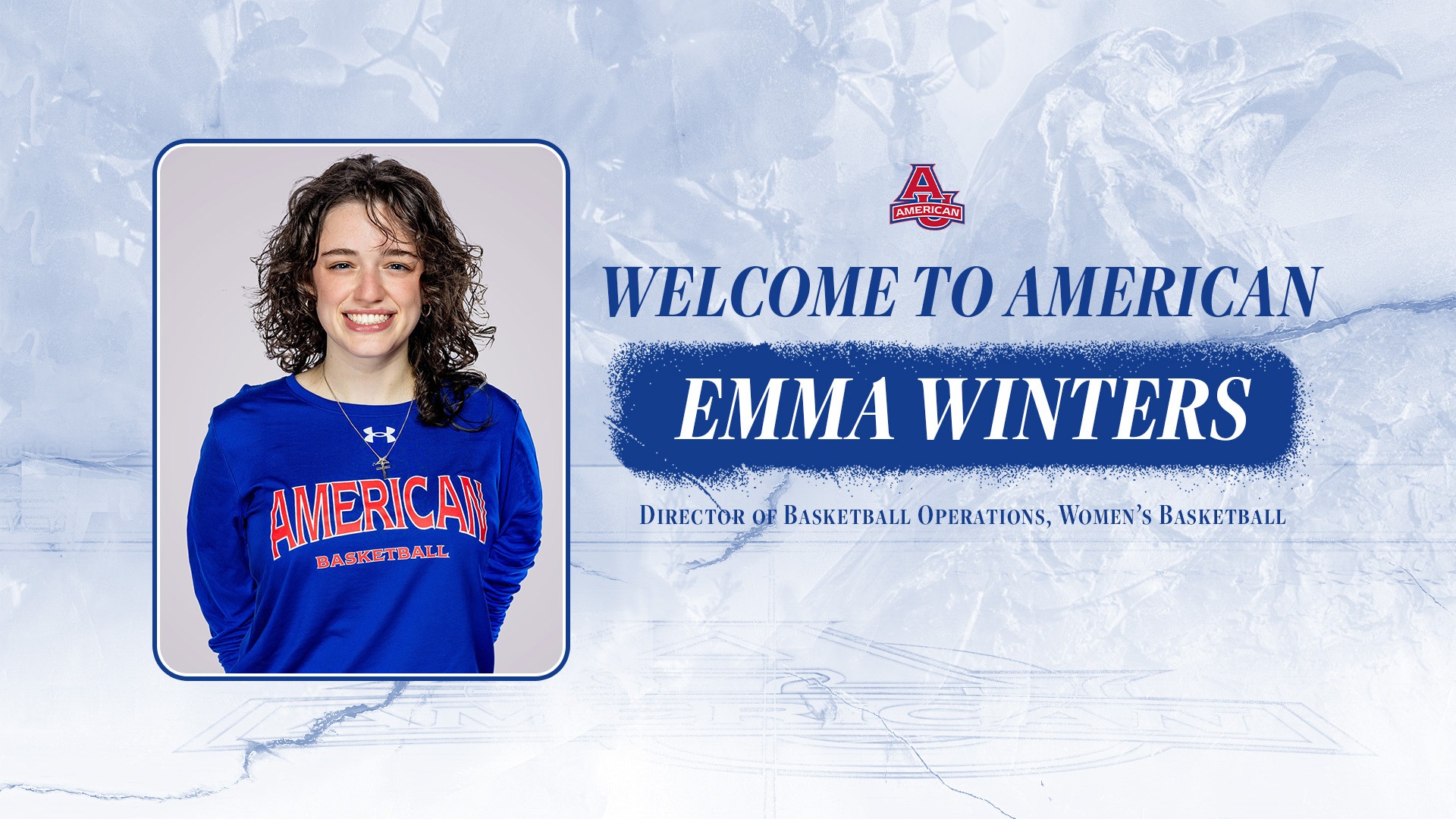 Graphic announcing Emma Winters as the new women's basketball director of operations.