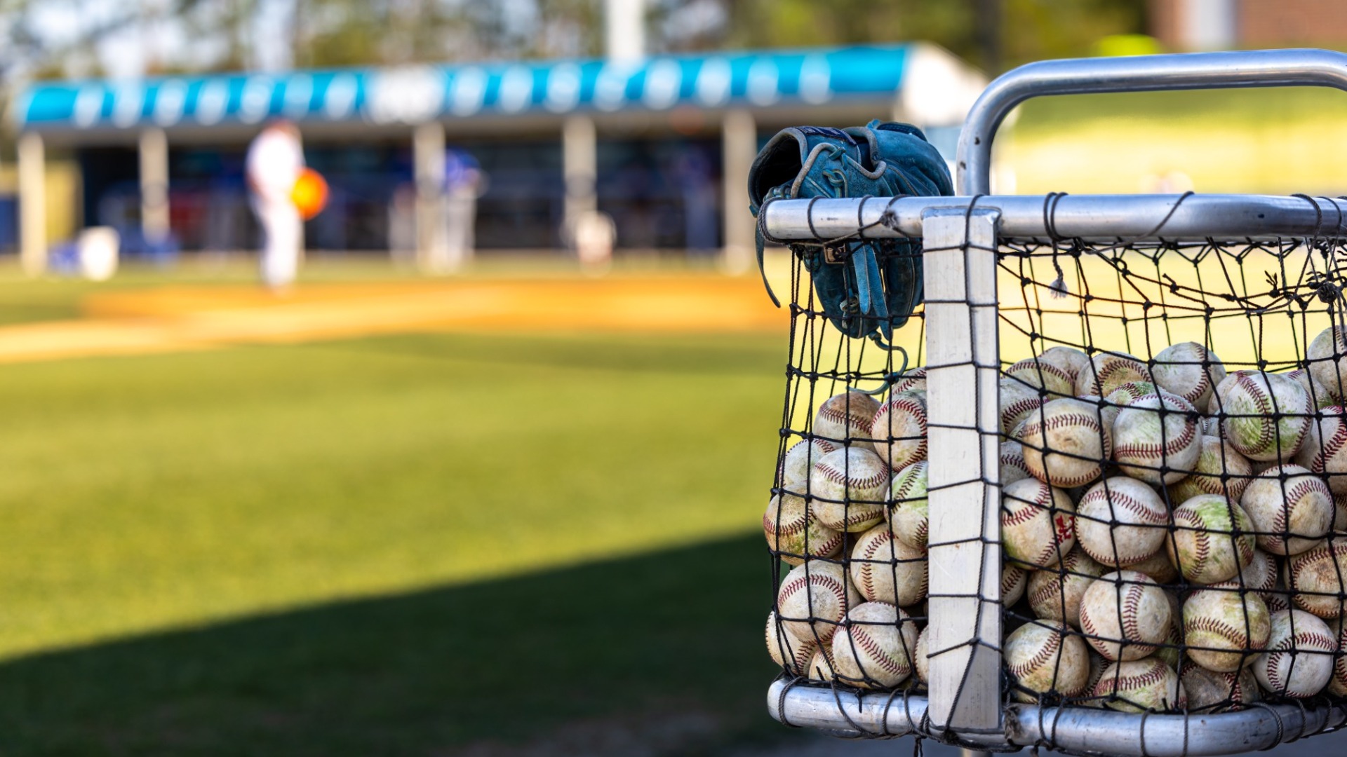 A basket of baseballs sits outside the Augusta dugout