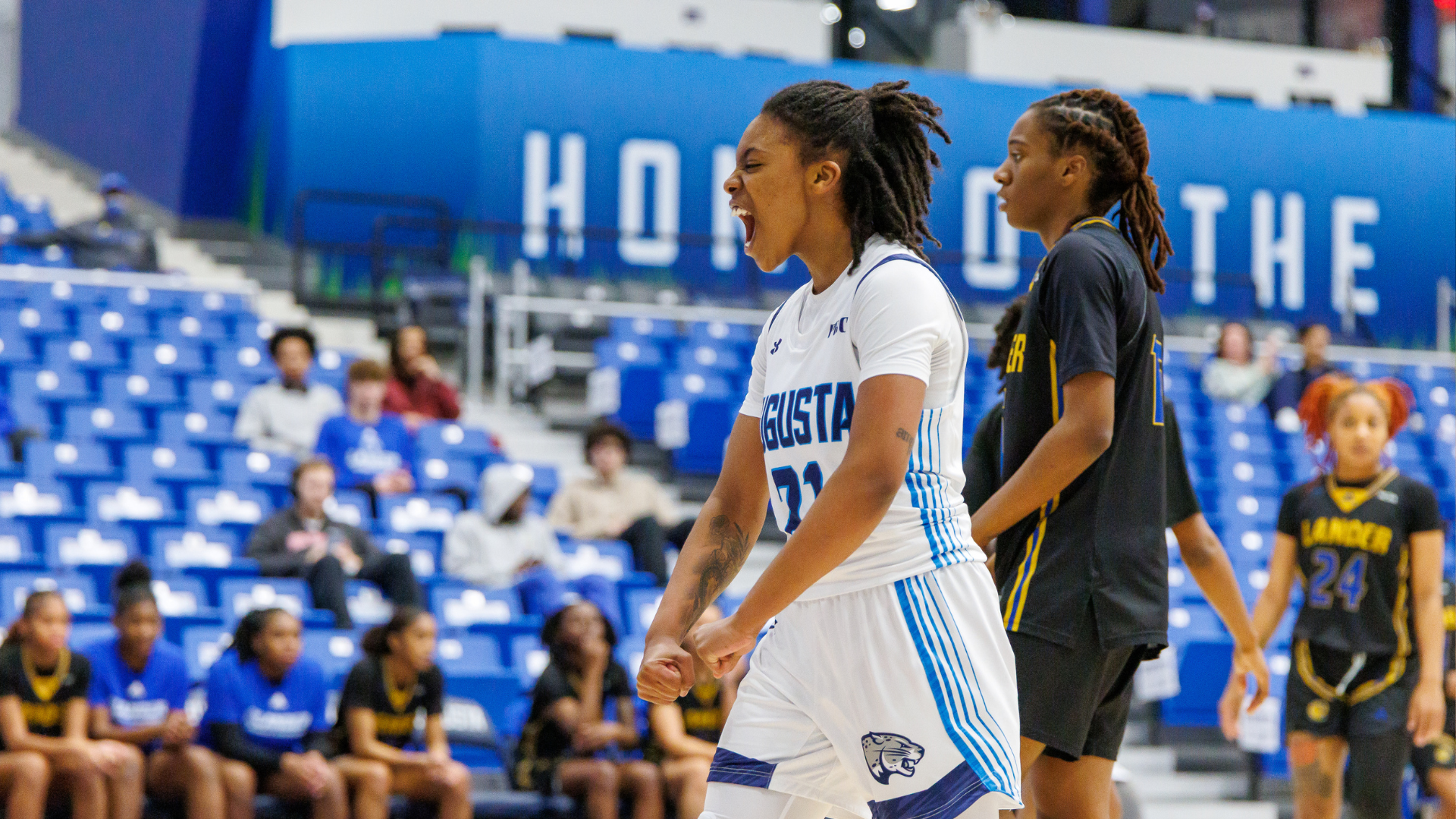 Elyse Autrey celebrating against Lander 