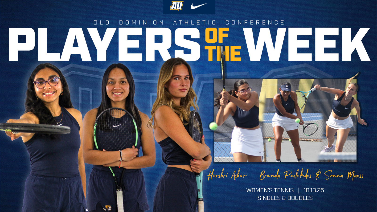 Harshri Asher Brenda Poulakidas Sunna Maass womens tennis ODAC Player of the Week 101325