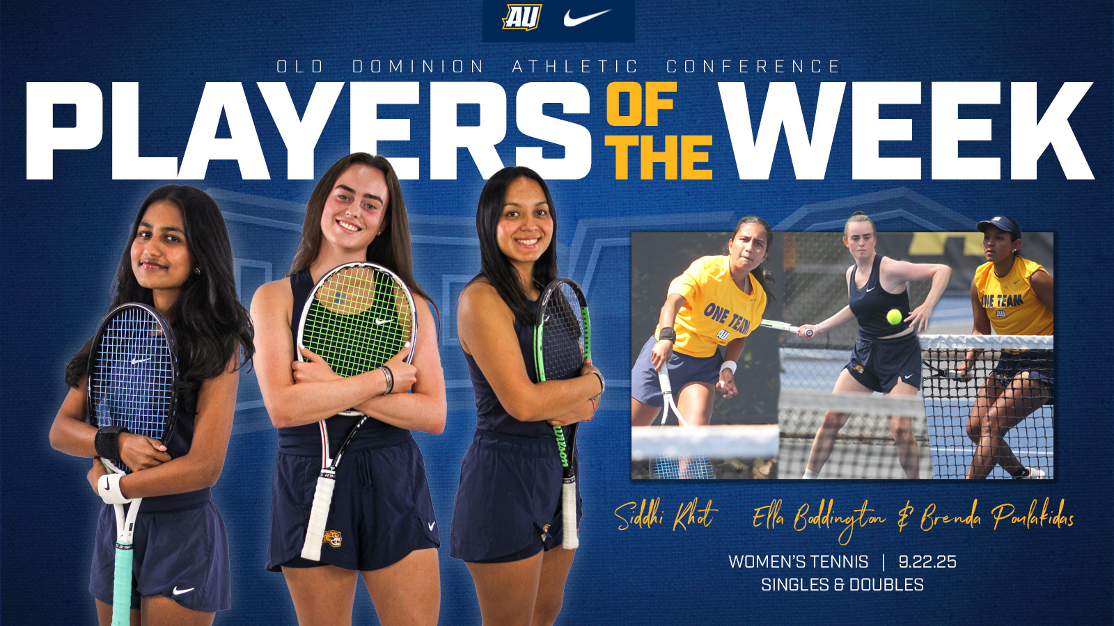 Siddhi Khot Ella Boddington Brenda Poulakidas womens tennis ODAC Player of the Week 092225 new