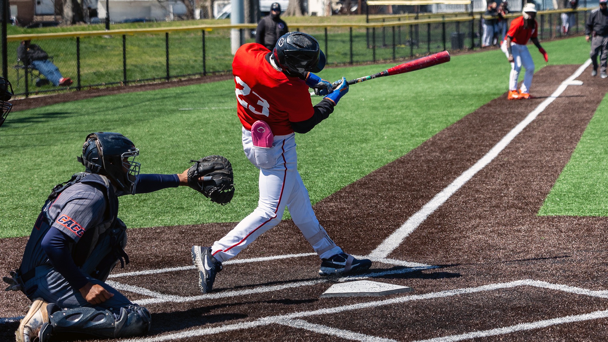 Robert Jimenez takes. a swing in a baseball game against Lincoln University at Vailsburg Park