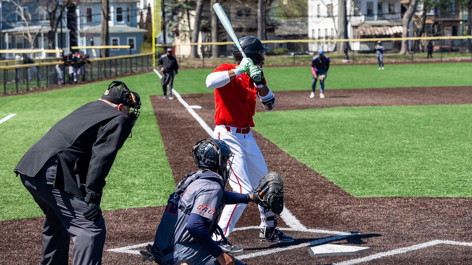 Andres Frias waits for a pitch from Lincoln University starter