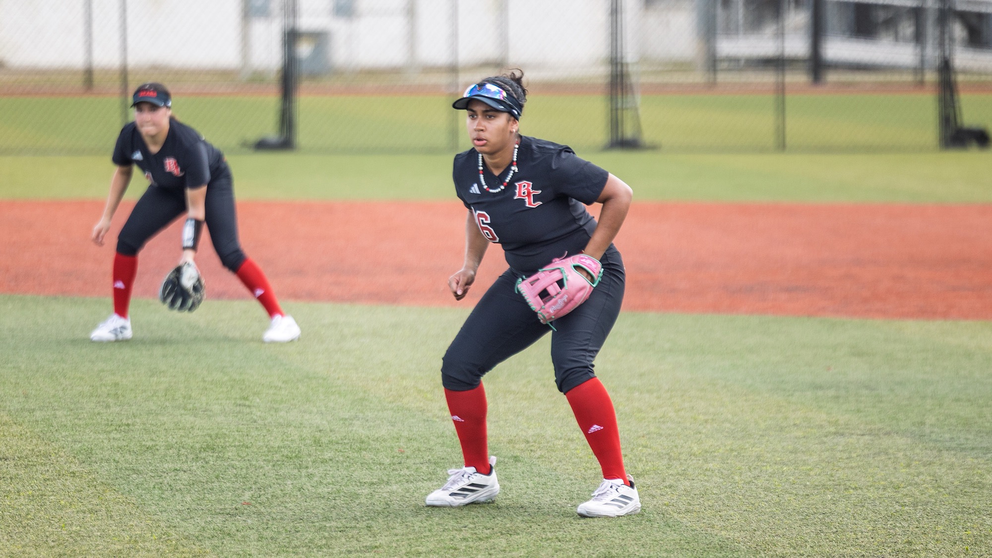 Edith at first base ready to play defense