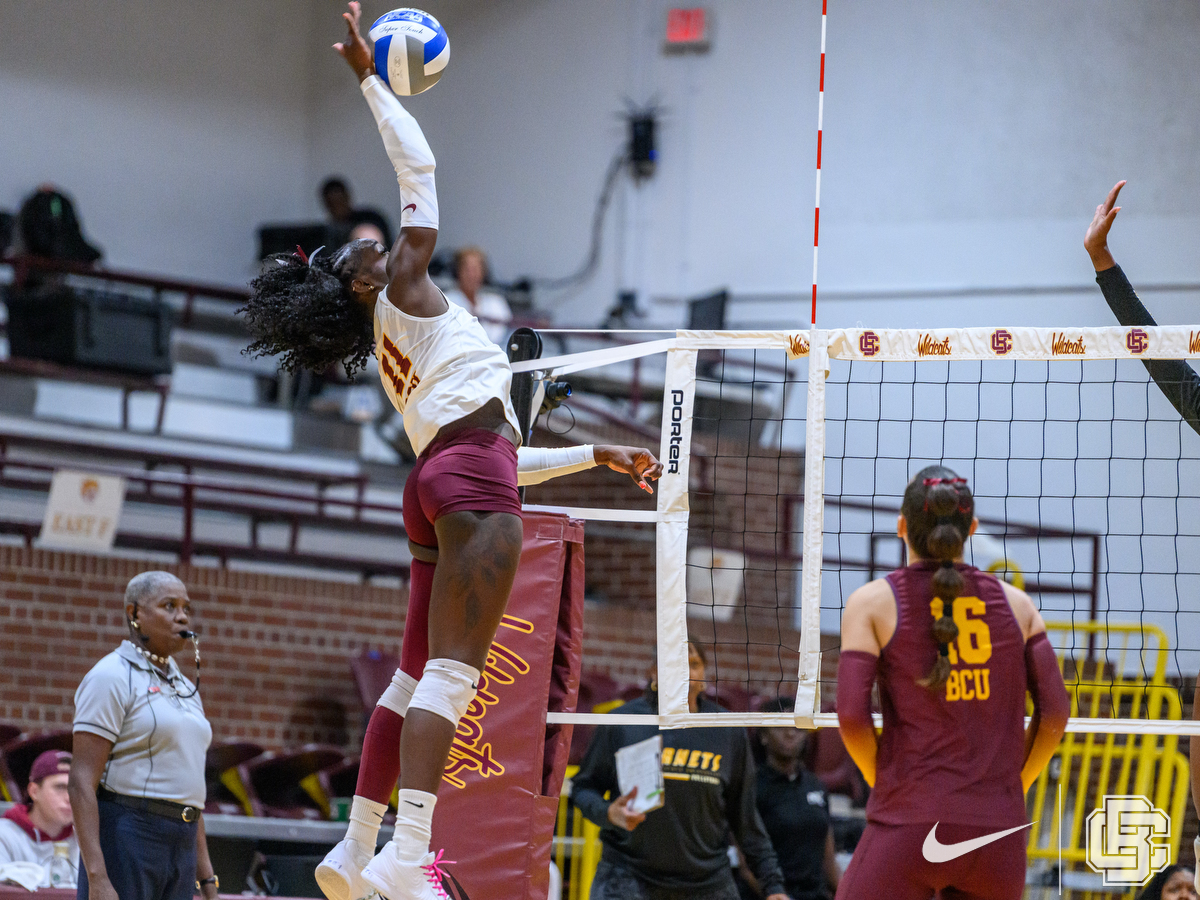 November 2, 2025:  NCAA volleyball game between Alabama State Hornets vs Bethune Cookman Wildcats at Moore Gymnasium in Daytona Beach, FL. Romeo Guzman/BCU Athletics