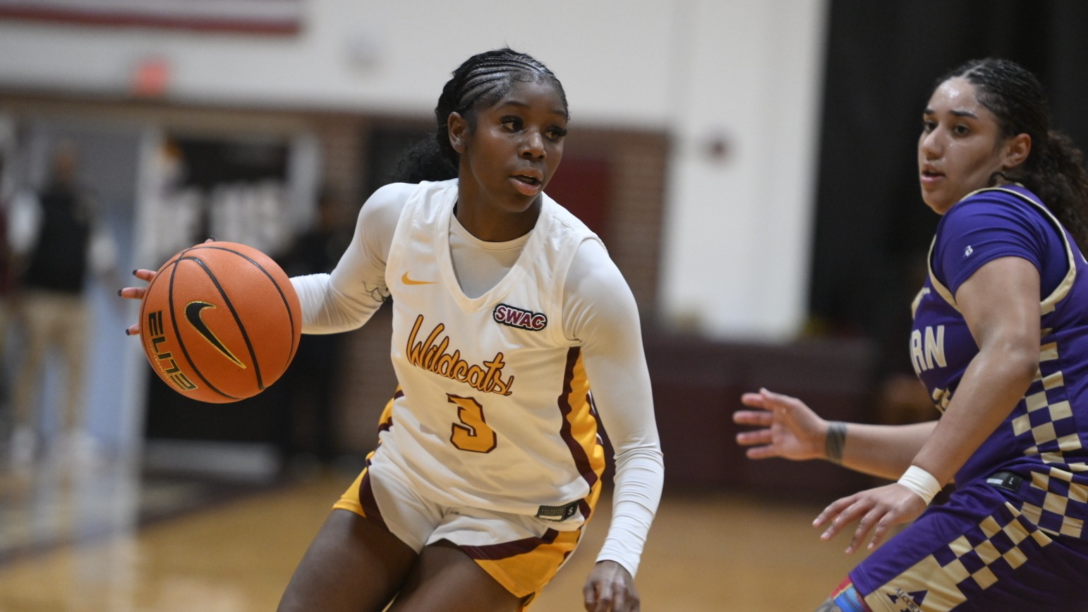 Jordan Brooks dribbling against Alcorn State