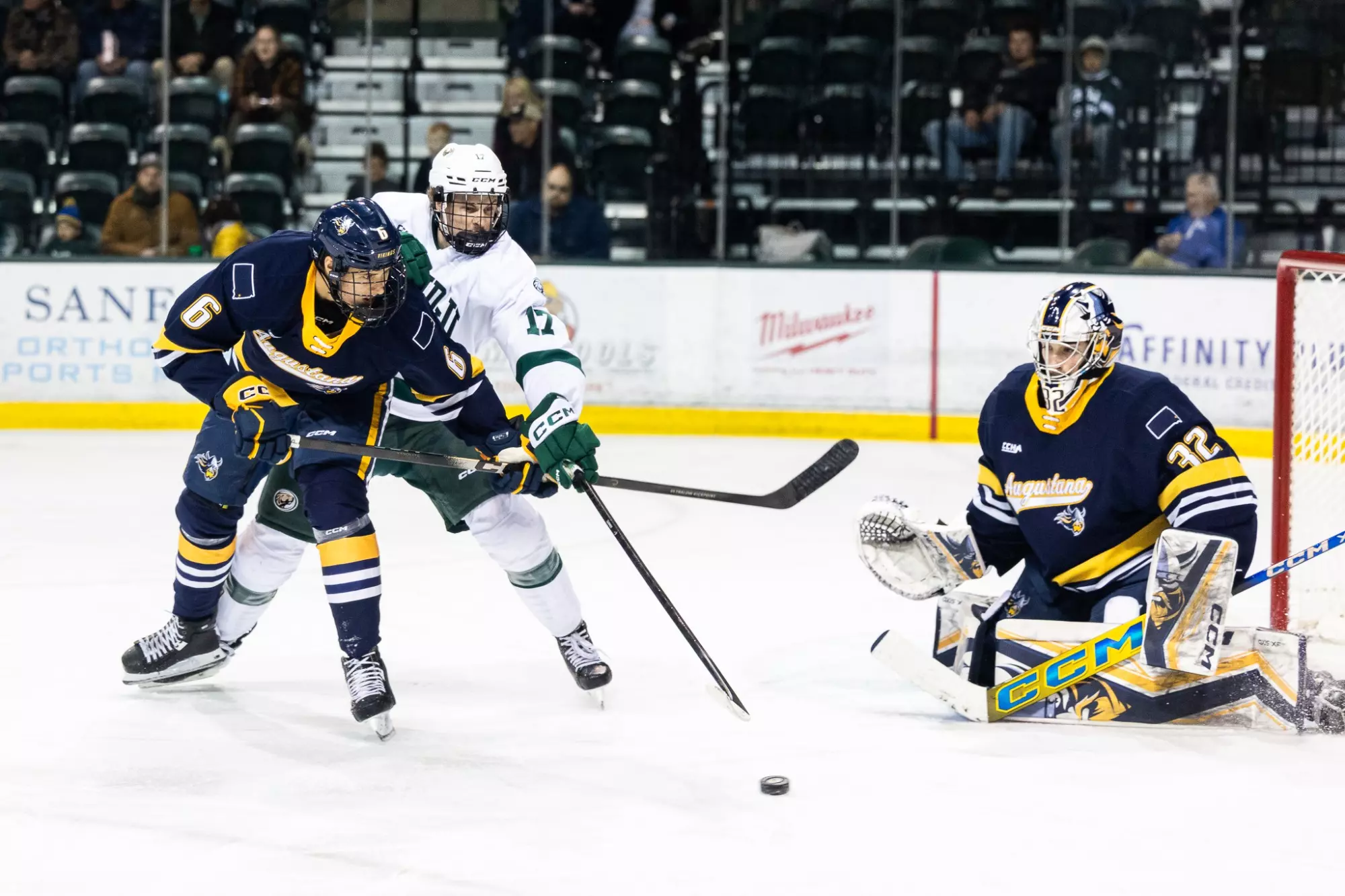 Noah Quinn (17), Samo Meritähti (6), Josh Kotai (32) - Men's Hockey - BSU Beavers vs. AU Vikings - The Sanford Center - Bemidji, MN - Friday, October 24, 2025 | Brent Cizek