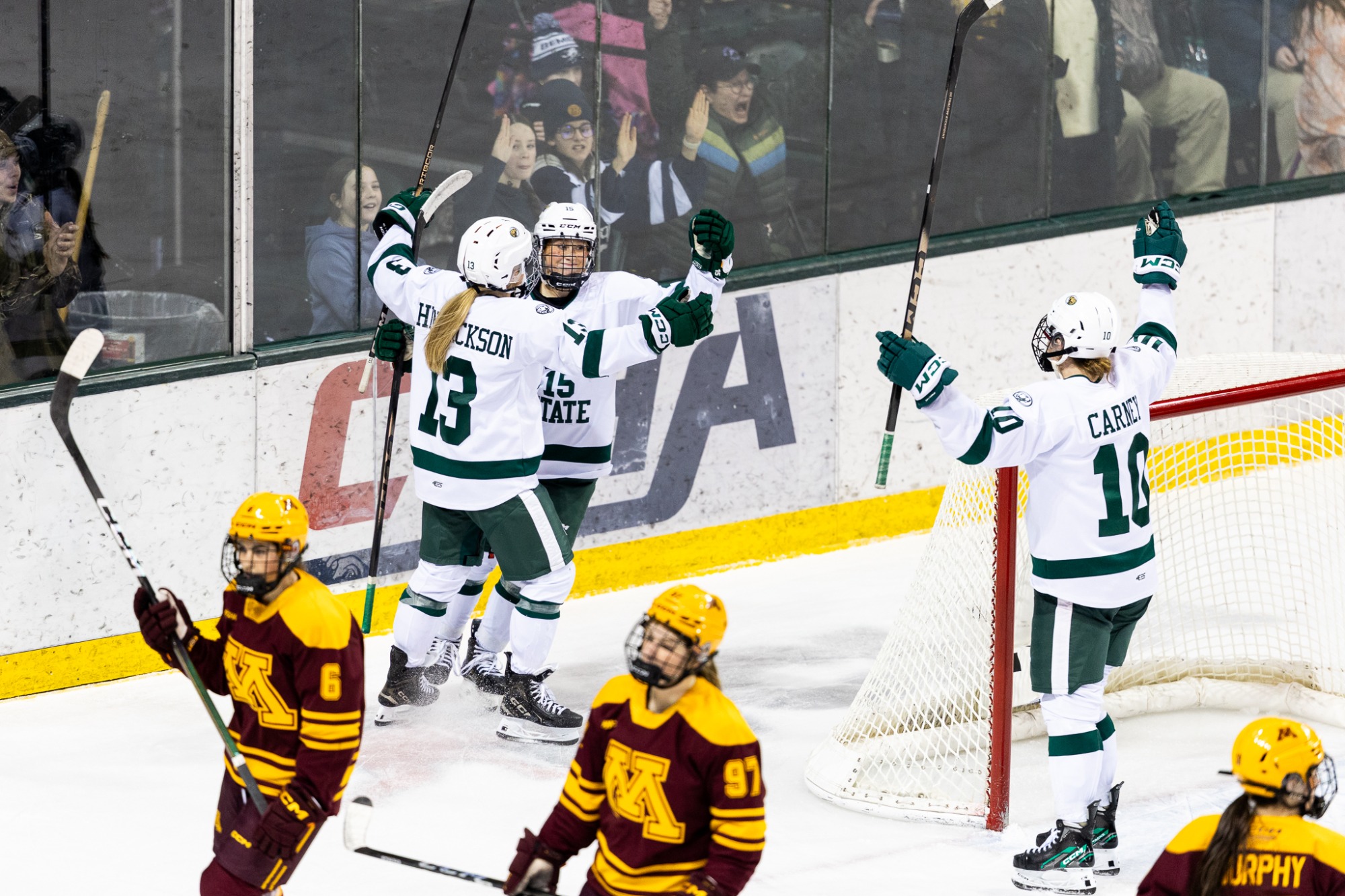 Talya Hendrickson (13), Shelby Sandberg (15), Raeley Carney (10) - WHKY - Bemidji State vs. Minnesota - The Sanford Center - Bemidji, MN - Friday, January 16, 2026 | Brent Cizek