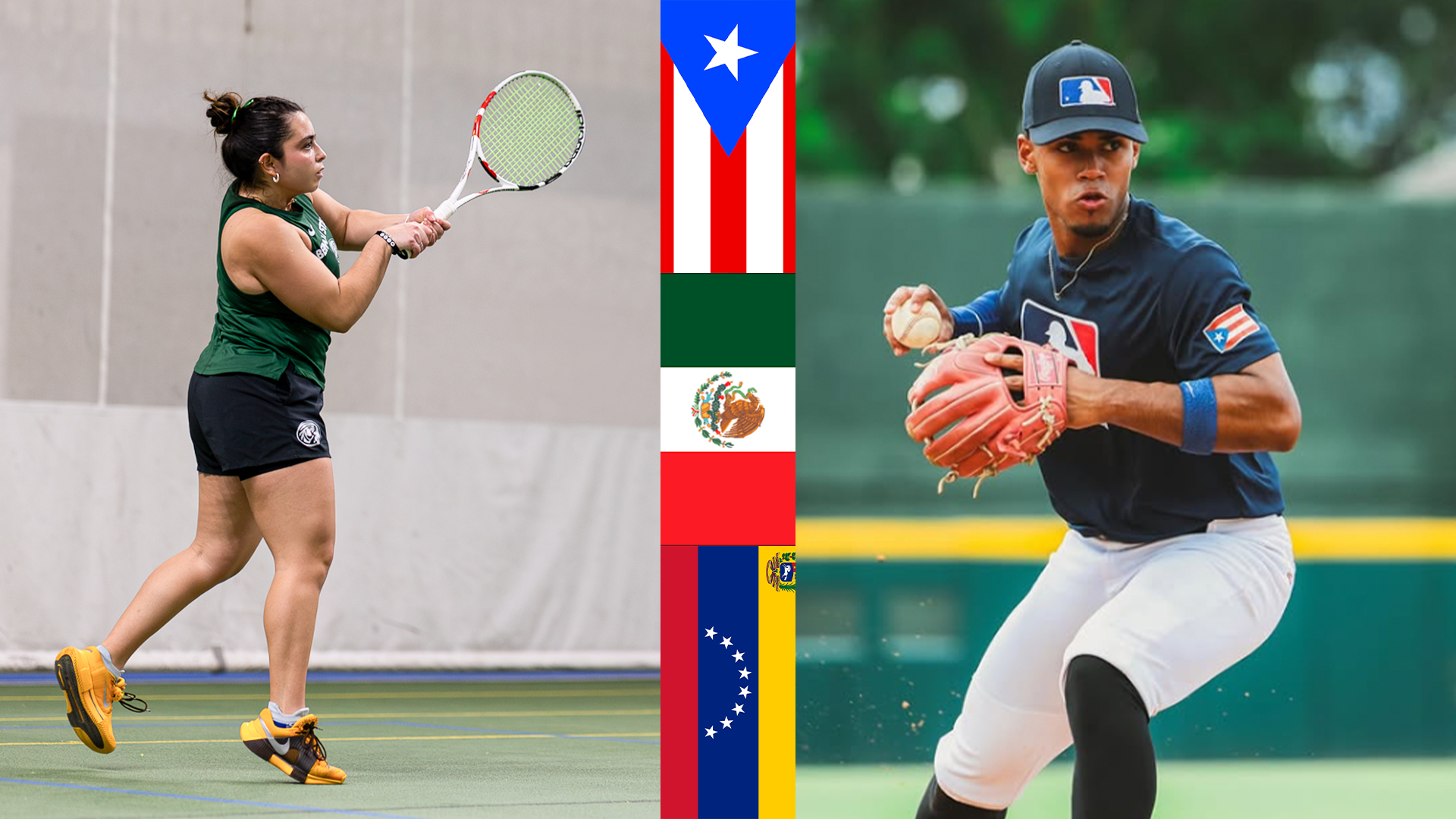 Photo of a female tennis player in a green tank-top shirt swinging at a ball and a male baseball player in a dark blue 