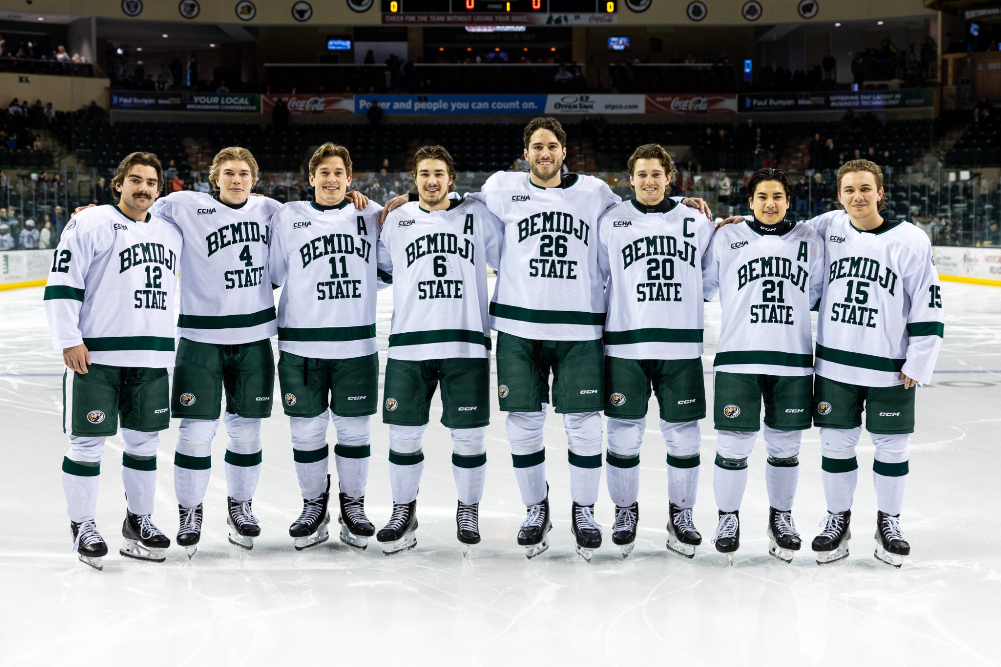 A.J. Macaulay (12), Patrik Satosaari (4), Adam Flammang (11), Mitch Wolfe (6), Reilly Funk (26), Kirklan Irey (20), Vince Corcoran (21), Connor McClennon (15) - MHKY - Bemidji State vs. St. Thomas - The Sanford Center - Bemidji, MN - Saturday, February 28, 2026 | Brent Cizek
