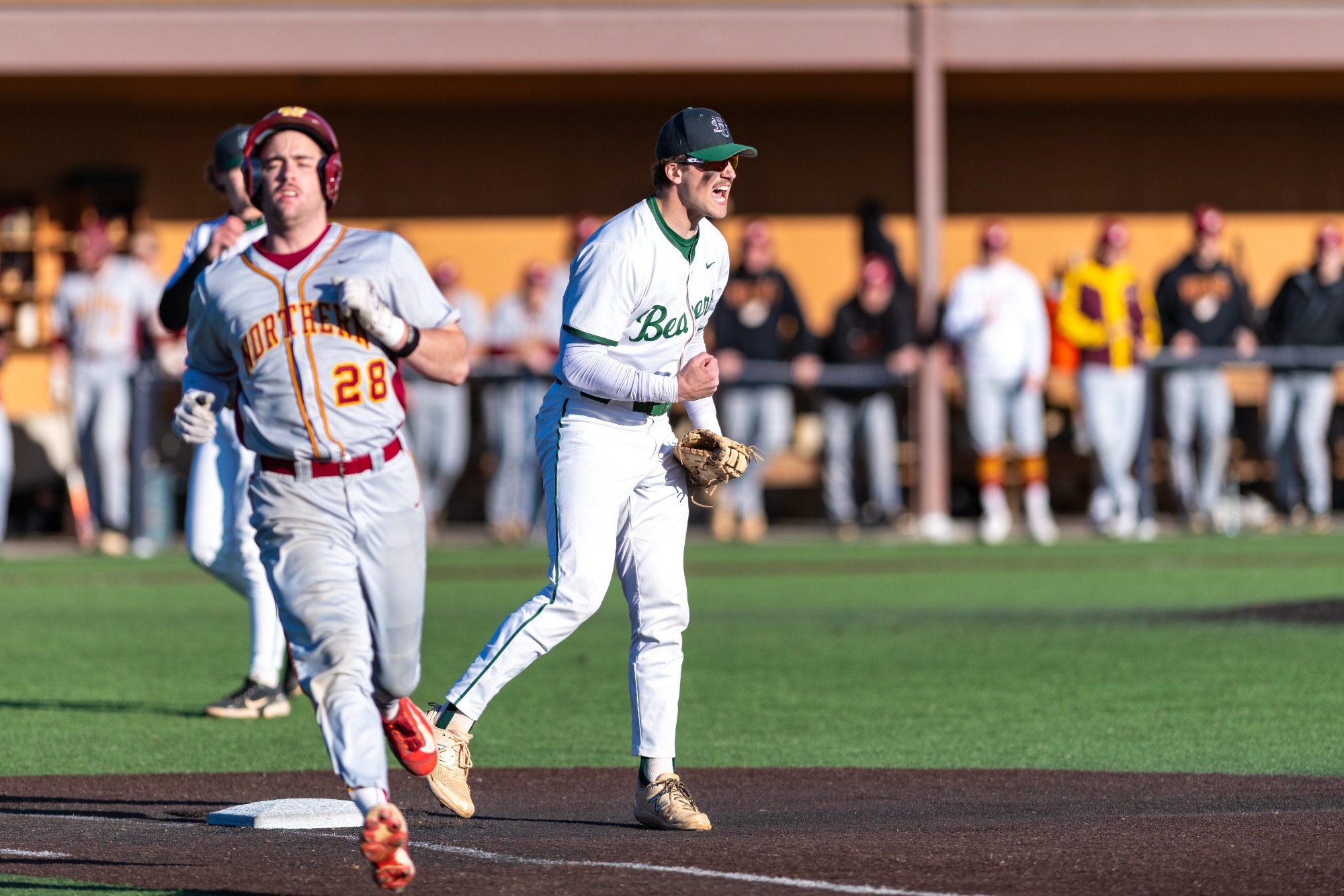 A baseball runner in a gray uniform with red and yellow trim and the number 28 on the jersey is sprinting past a base on an artificial turf field. Next to the runner, a defensive player in a white uniform with green lettering stands near the base, holding a glove and preparing for a play. The action takes place in front of a dugout where several team members in various uniforms watch from behind a railing. The scene is brightly lit by sunlight.