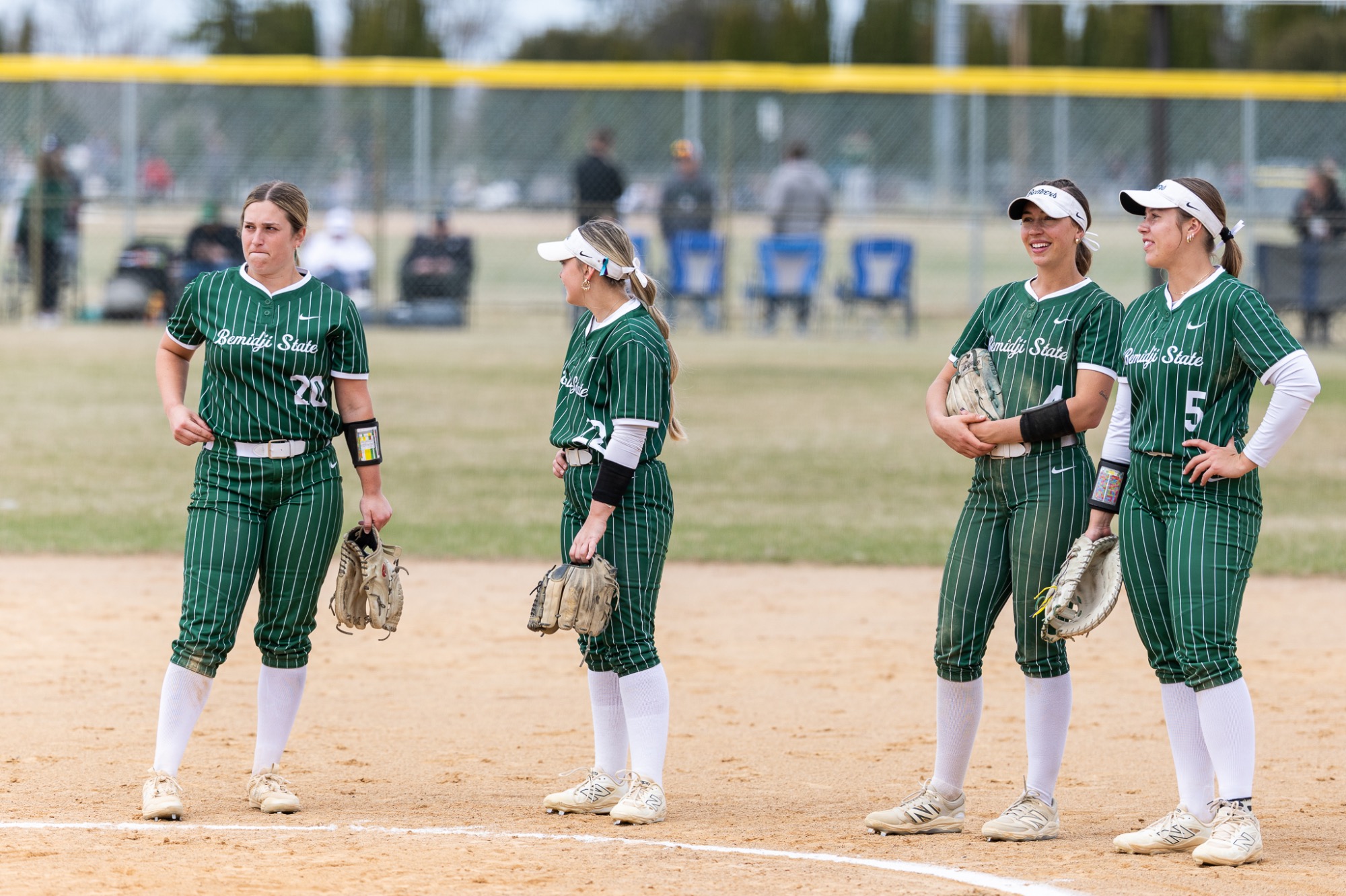 Lauren Beissel (20), Jillian Johnson (22), Aubrey Aukerman (4), Avery Amidon (5) - SB Bemidji State vs. Minnesota State - BSU Softball Field - Bemidji, MN - Sunday, April 26, 2026 | Brent Cizek