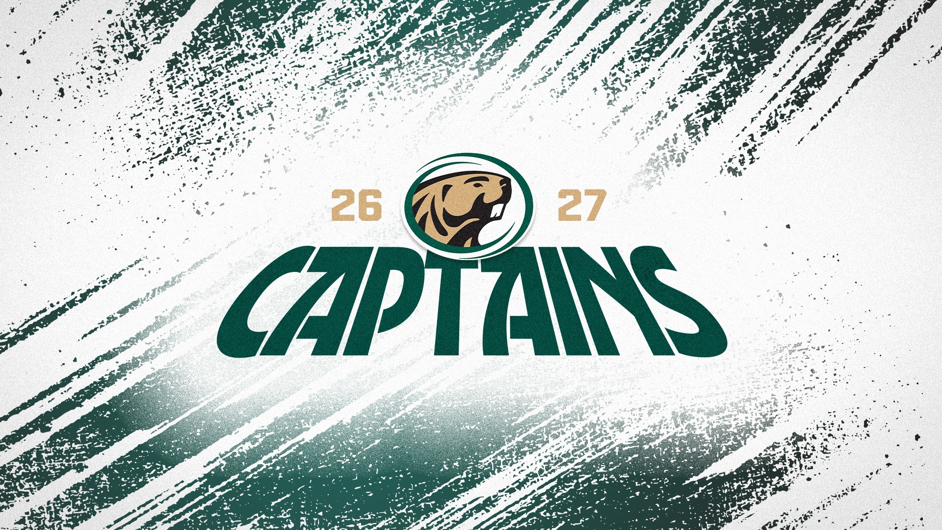 A graphic design features the word “CAPTAINS” in large green letters across the center, with a beaver head logo above it and the numbers “26” and “27” on either side. The background is light gray with dark green paint-like streaks and splatter textures radiating outward.