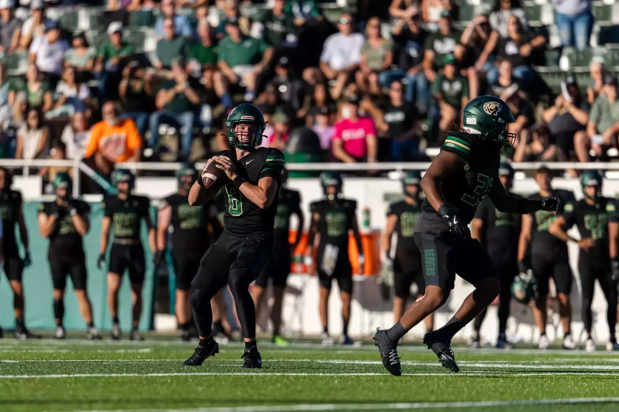 Bemidji State quarterback No. 8 looks downfield from behind the offensive line.