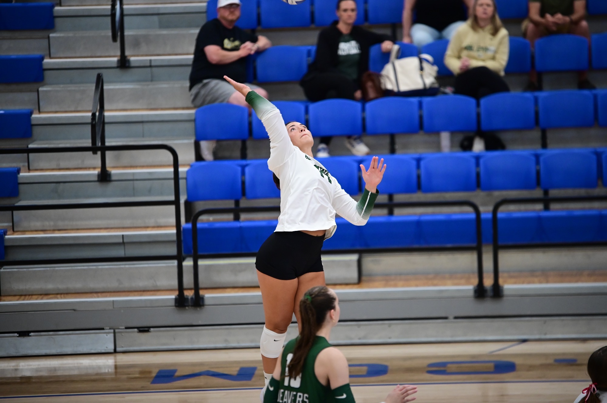 Bemidji State volleyball player in a white long-sleeve jersey and black shorts jumps near the net with her right arm extended overhead, preparing to attack the ball. A Bemidji State teammate in a green jersey stands in the foreground, while spectators sit in blue bleachers behind the court.